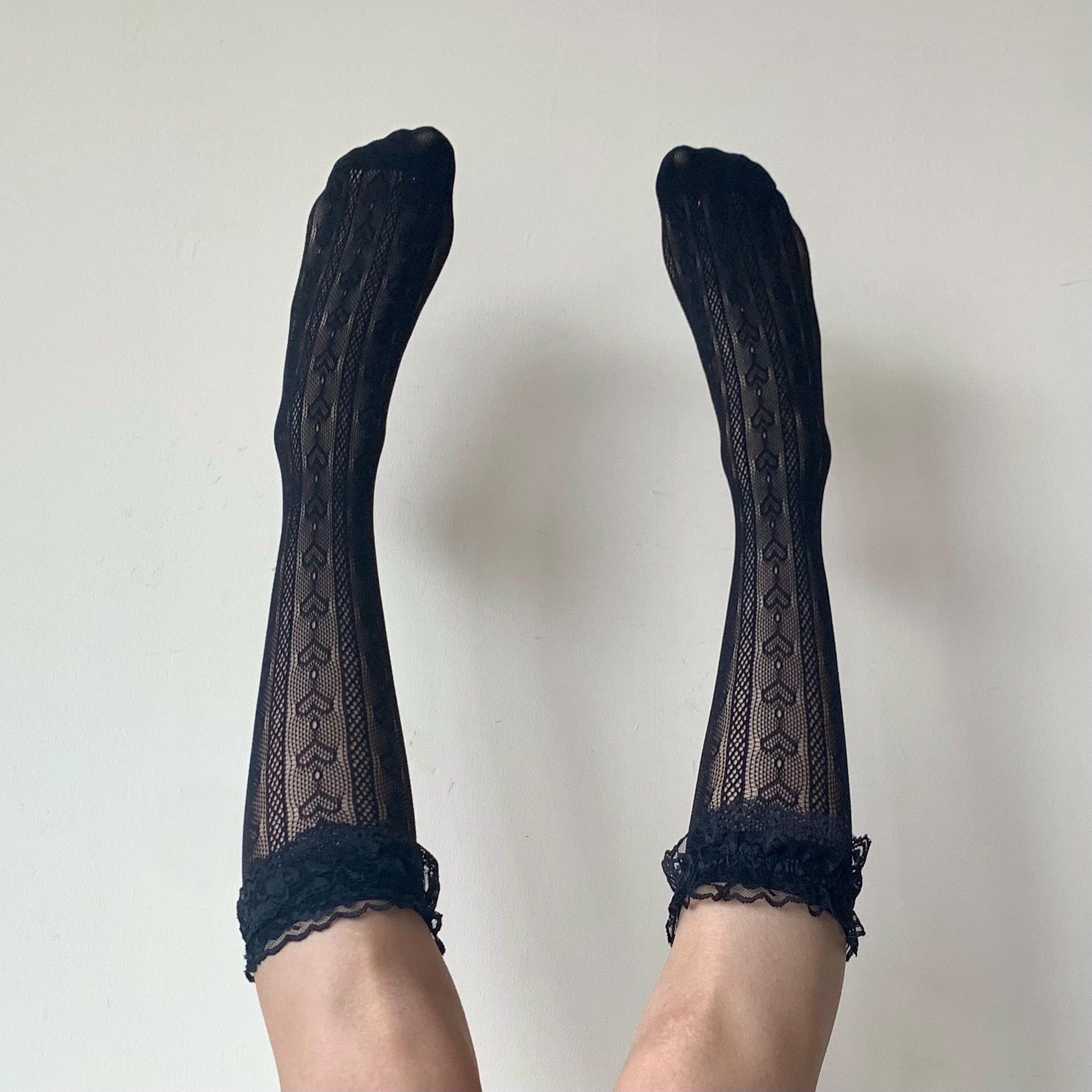 Black Heart Striped Fishnet Knee-High Socks with Frilled Trim - socks