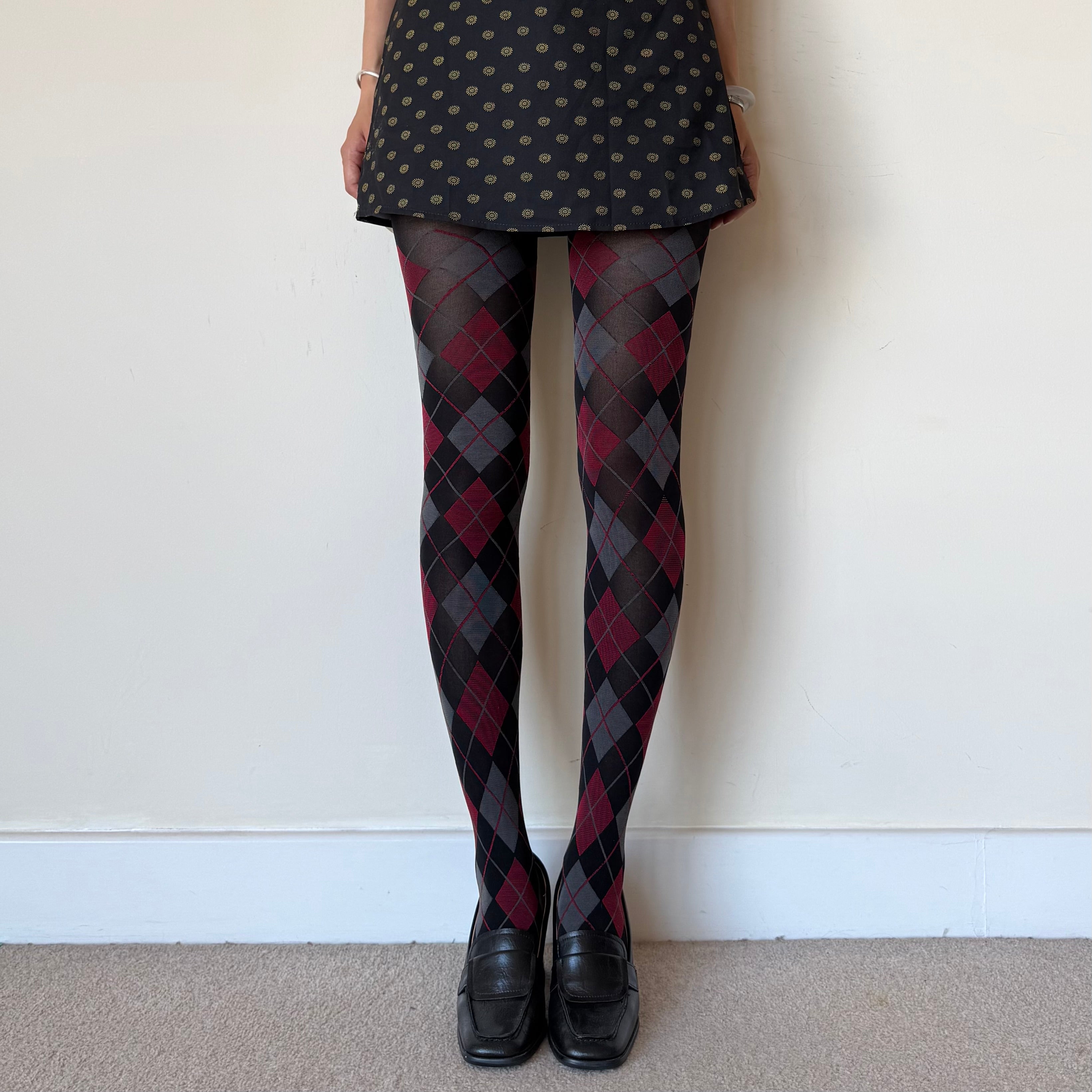 Burgundy Grey & Black Argyle Pattern Tights 50D