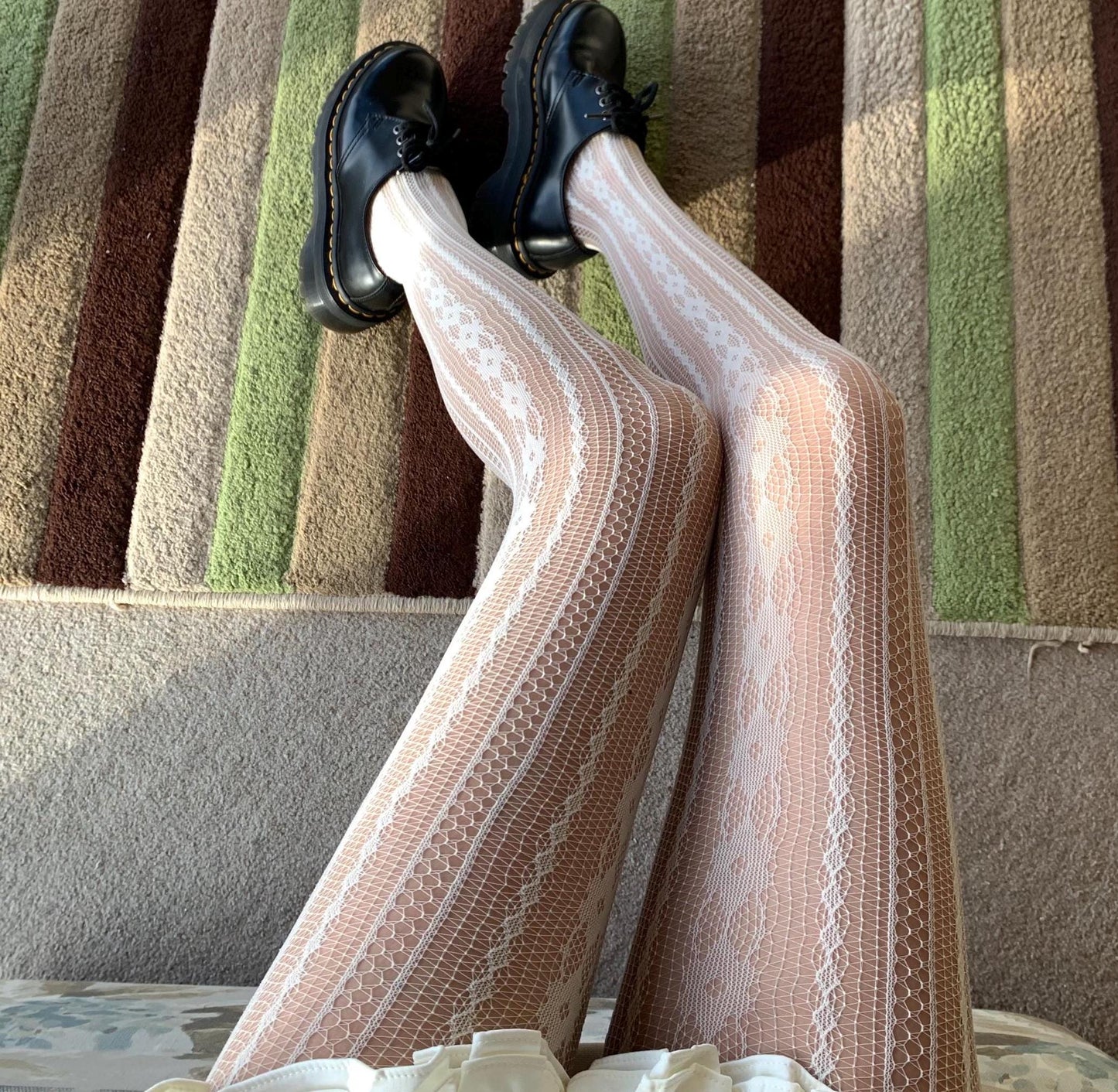 Cream White Floral Striped Fishnet Tights - White - tights