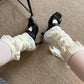 Cream White Knit-Style Leg Warmers with Lace Frill & Bow - leg warmers