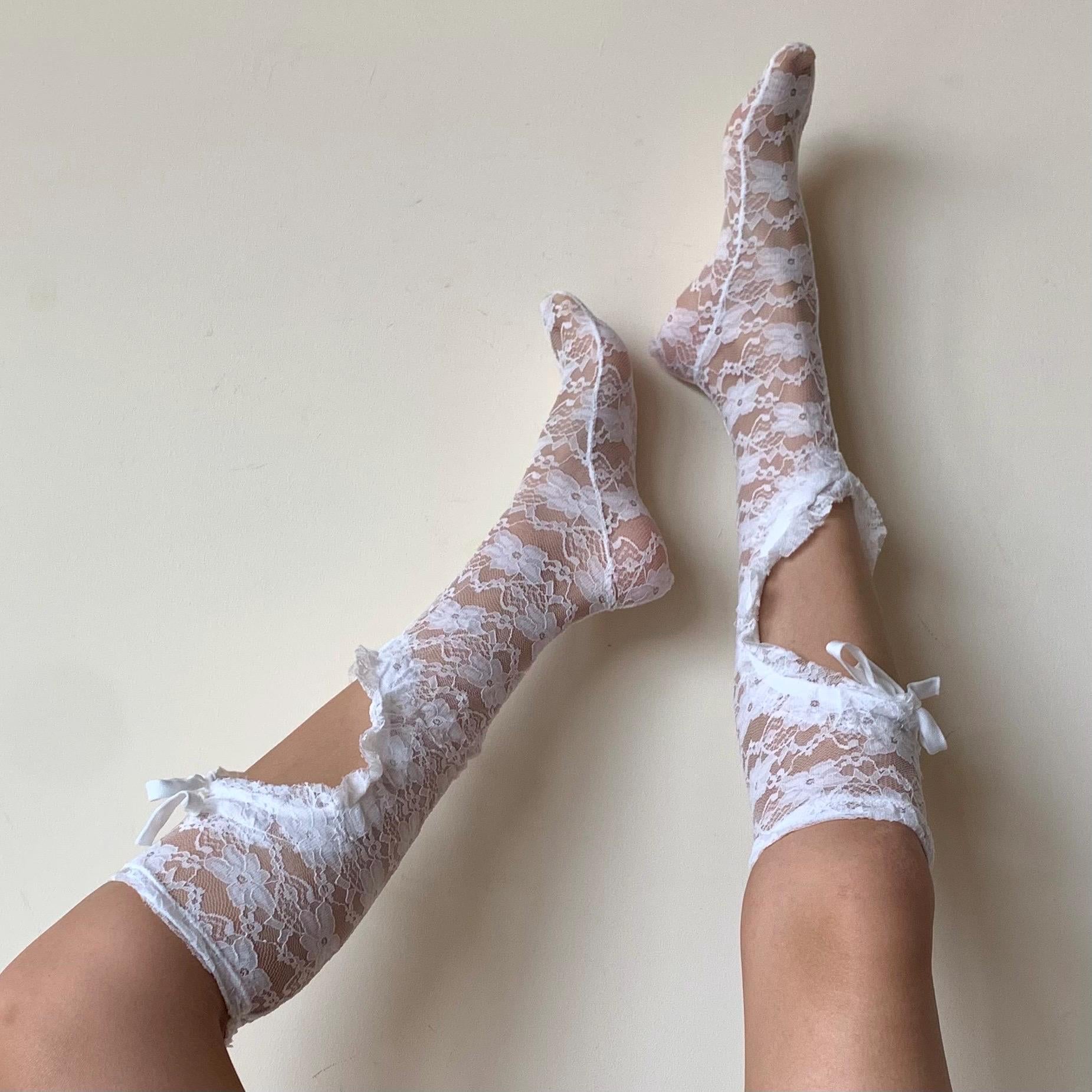 White Floral Knee-High Lace Socks with Heart Cutout Detail