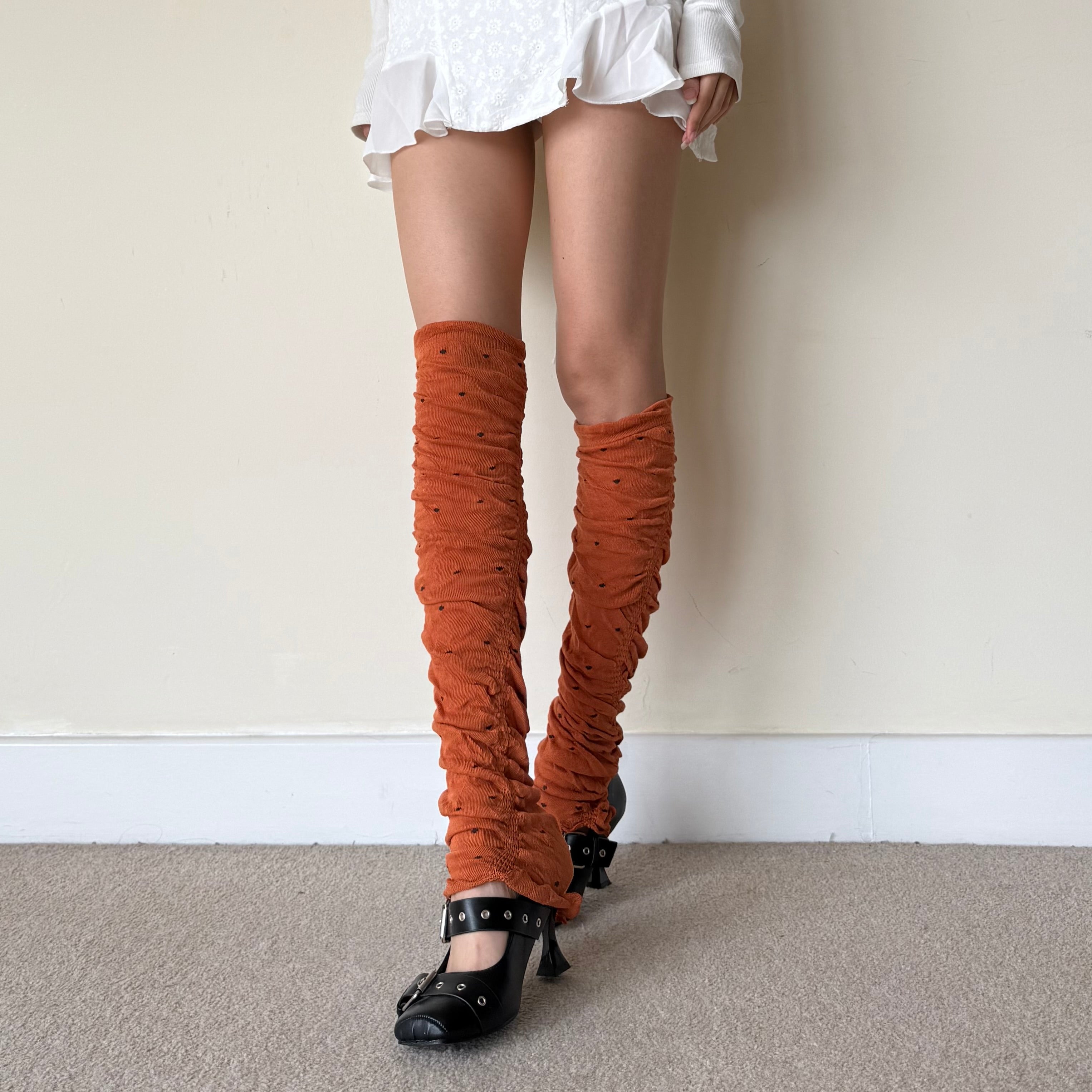 Orange Sheer Polka Dot Ruched Leg Warmers (approx. 62 cm)