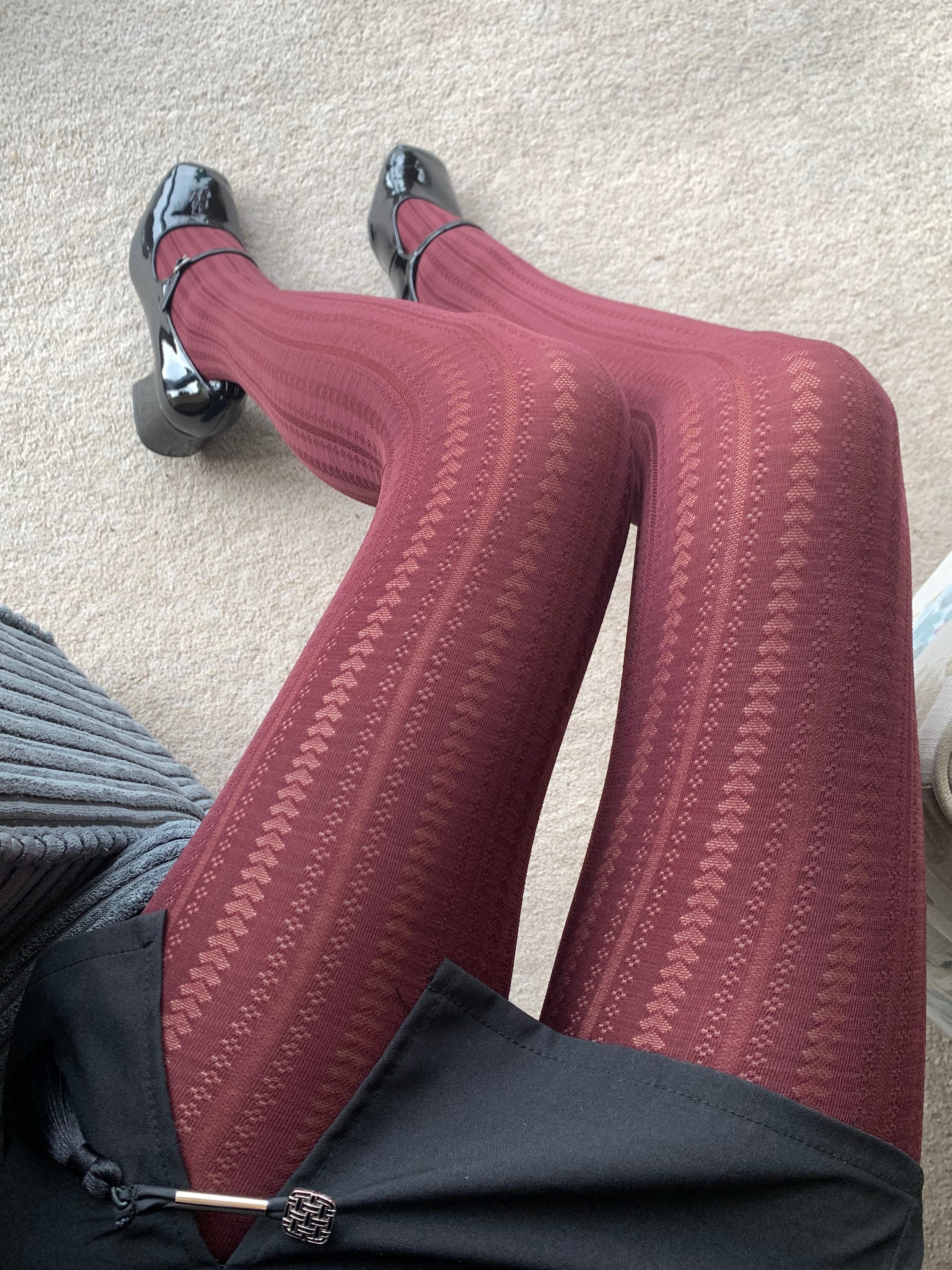 Burgundy Red Heart Striped Velvet Tights 70D