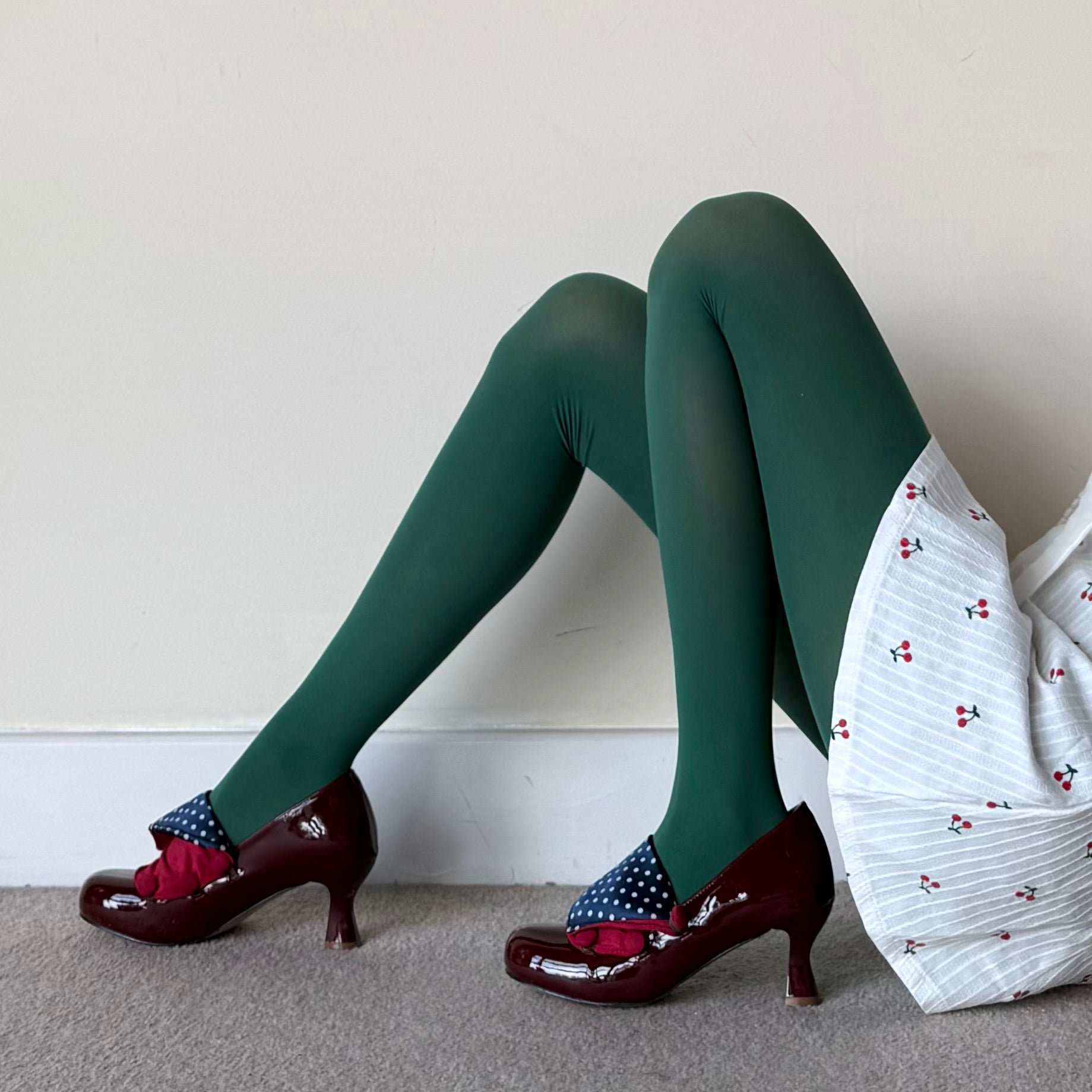 Dark Basil Green Solid Color Velvet Tights 80D