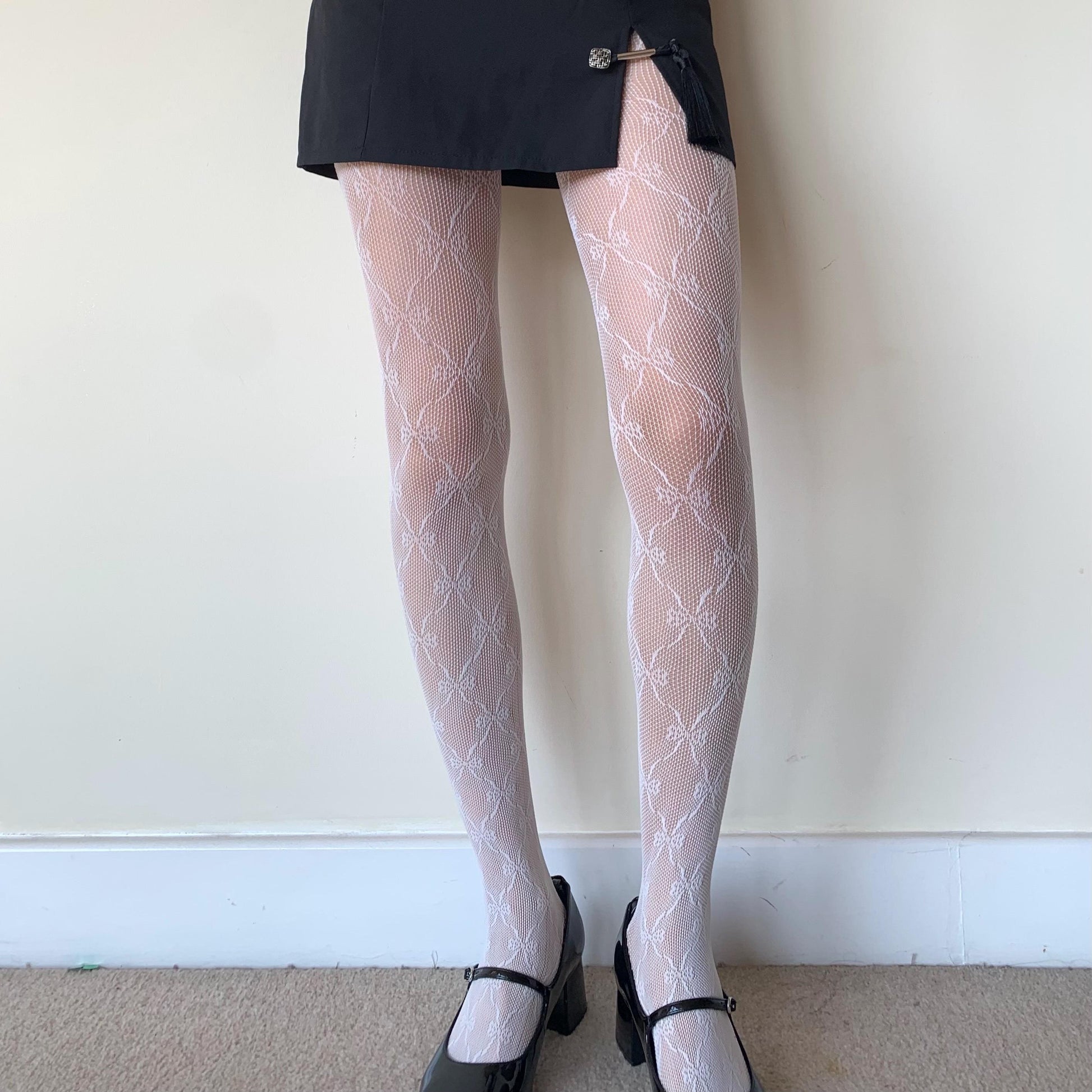 White Ribbon Bow Fishnet Tights - tights