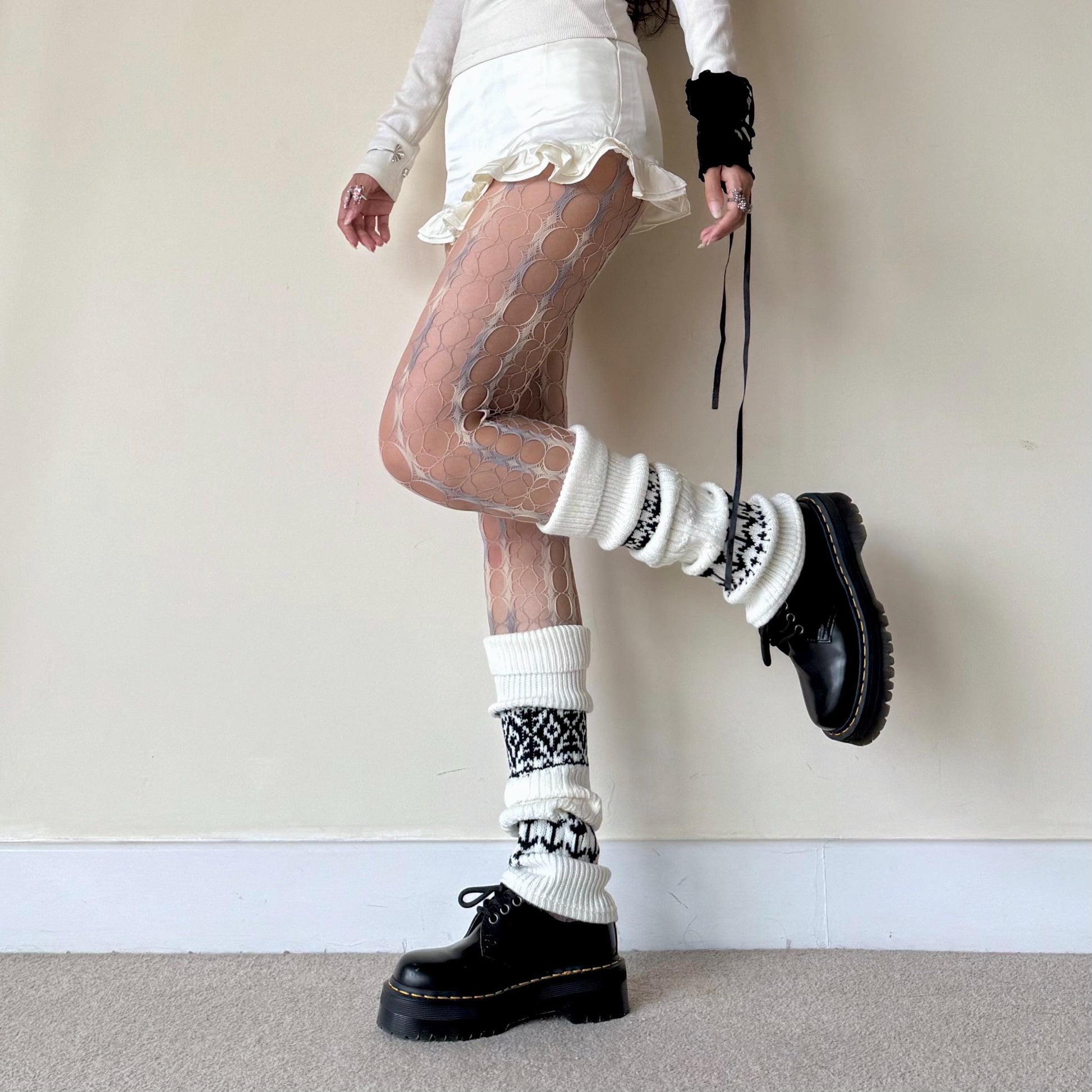 White Fair Isle Wool Knit Leg Warmers