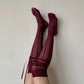 Burgundy Diamond Fishnet Knee High Socks with Adjustable Lace Bow Tie - stockings