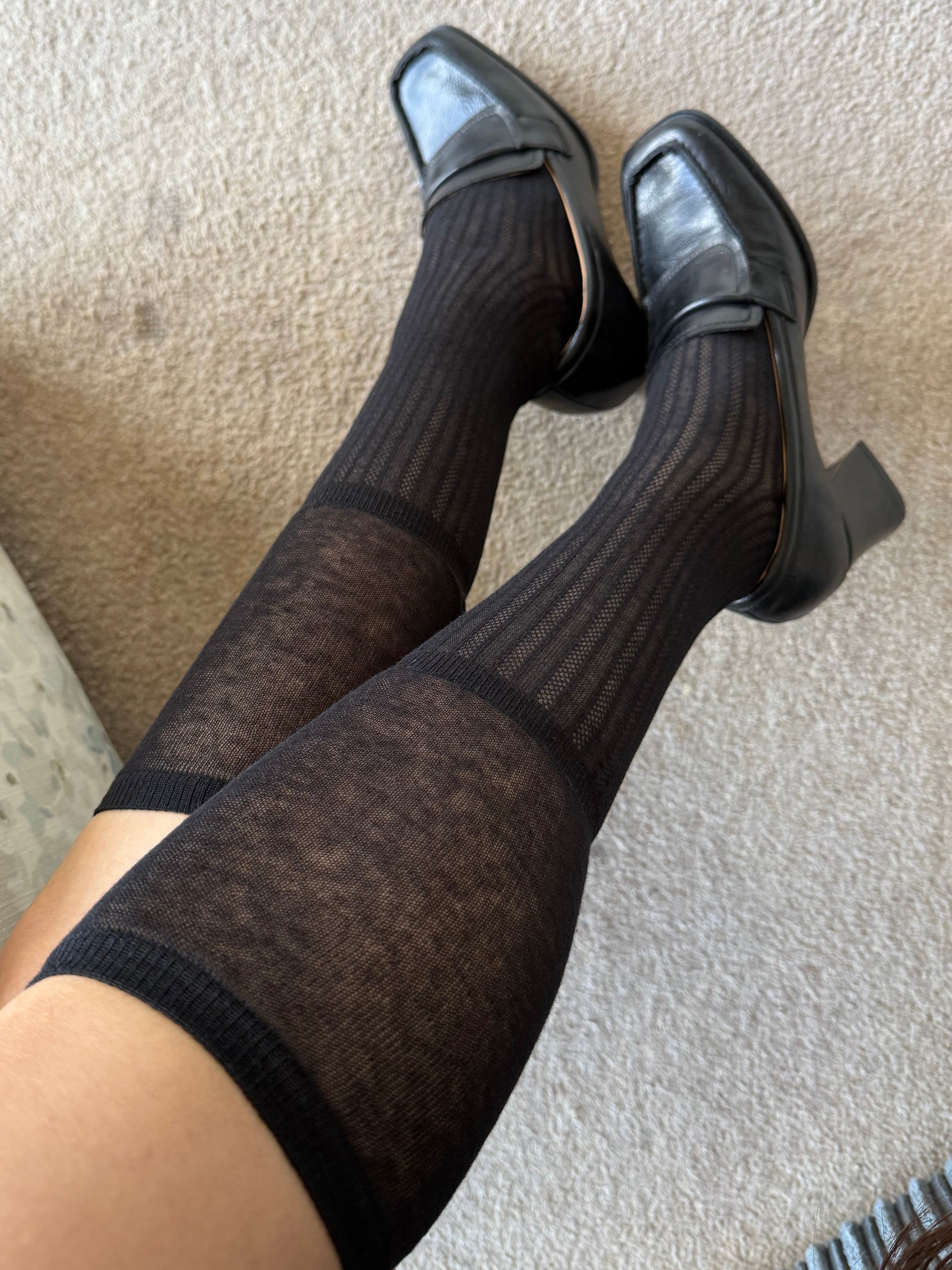 Black Ribbed Combed Cotton Knee-High Socks