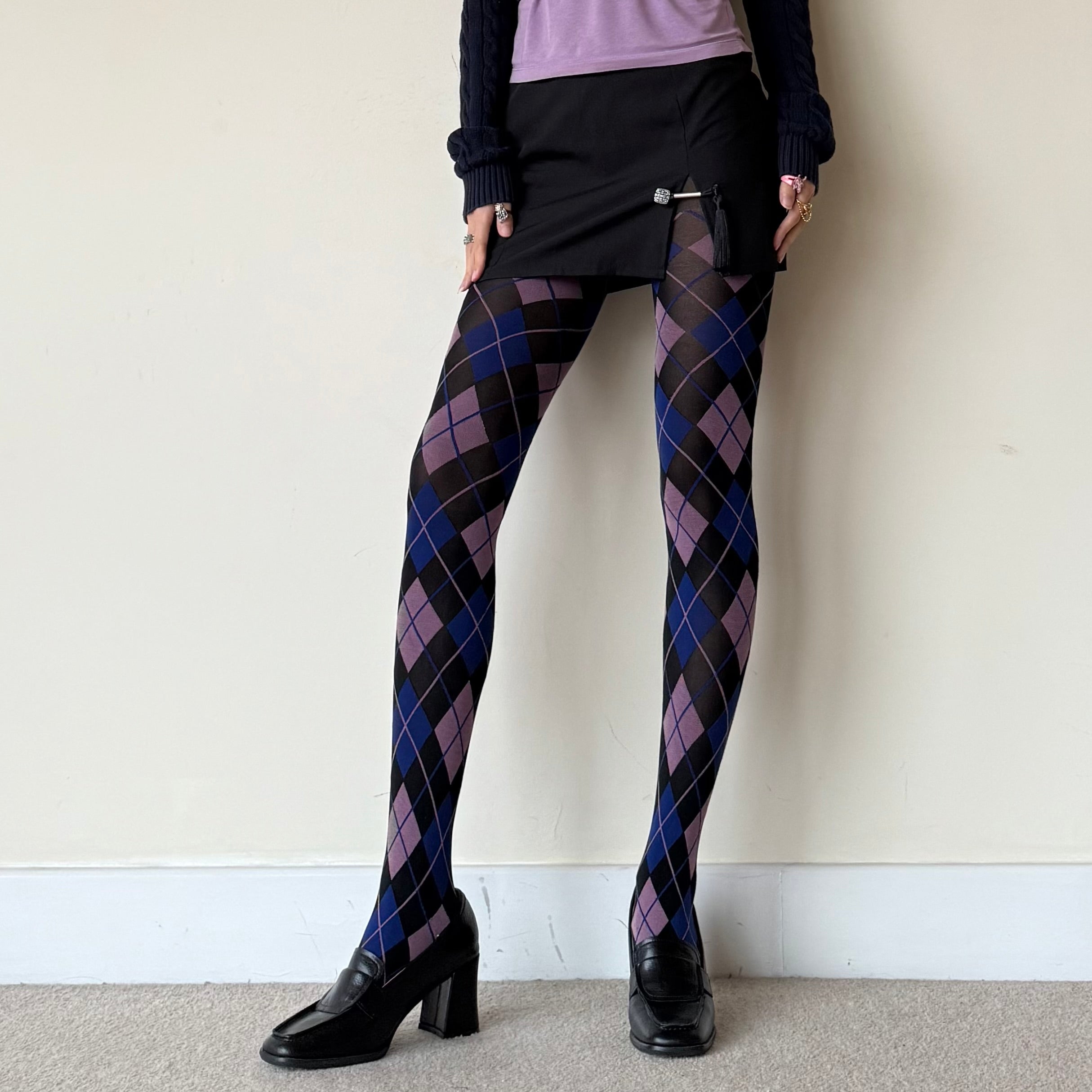 Black Blue & Mauve Argyle Velvet Tights 50D