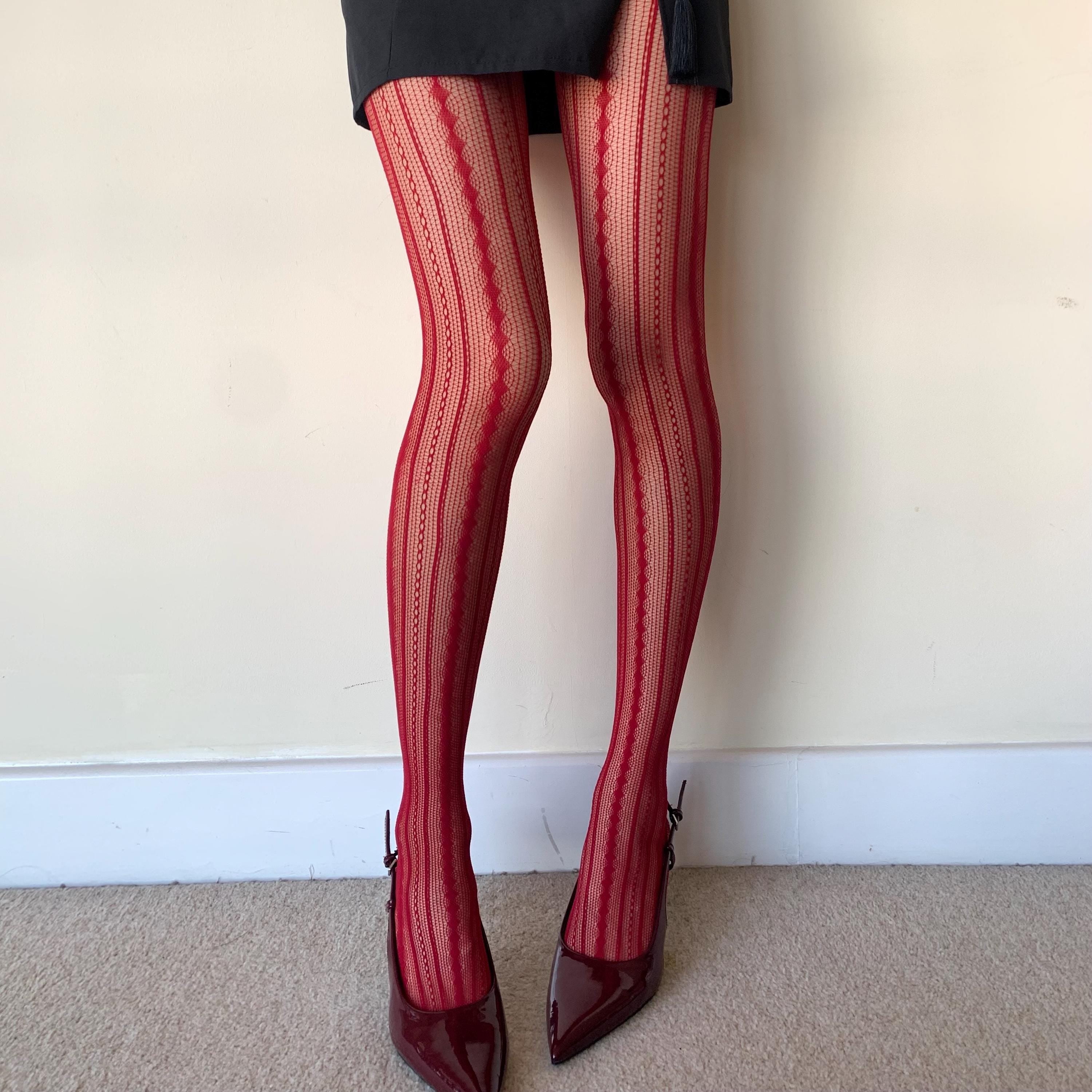Geometric Fish Net Red Geometric Stripped Fishnet Tights - PrettyFussyLegs