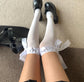 Knee-high Velvet Socks with Satin Ruffled Top and Bow Tie - socks