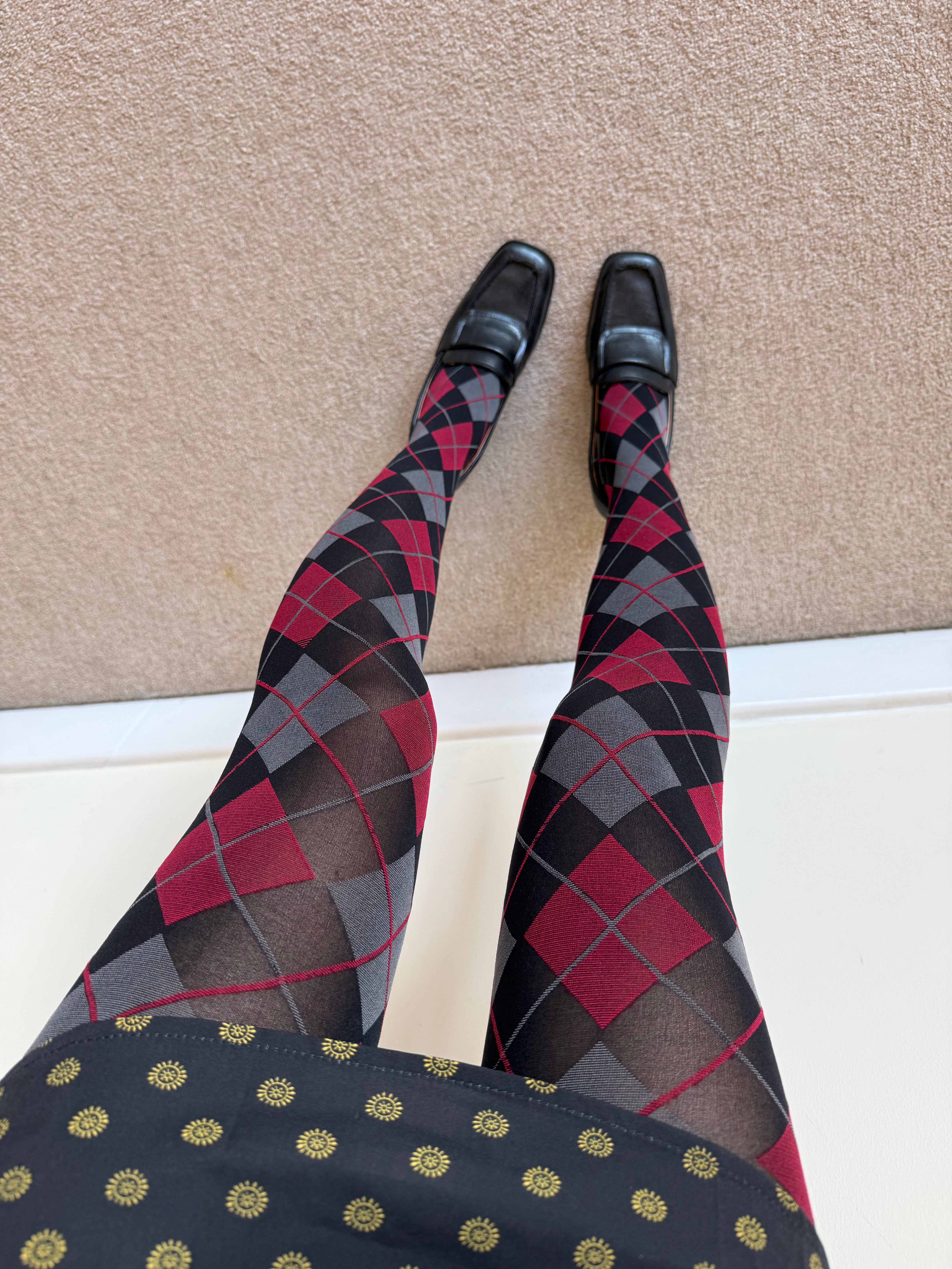 Burgundy Grey & Black Argyle Pattern Tights 50D