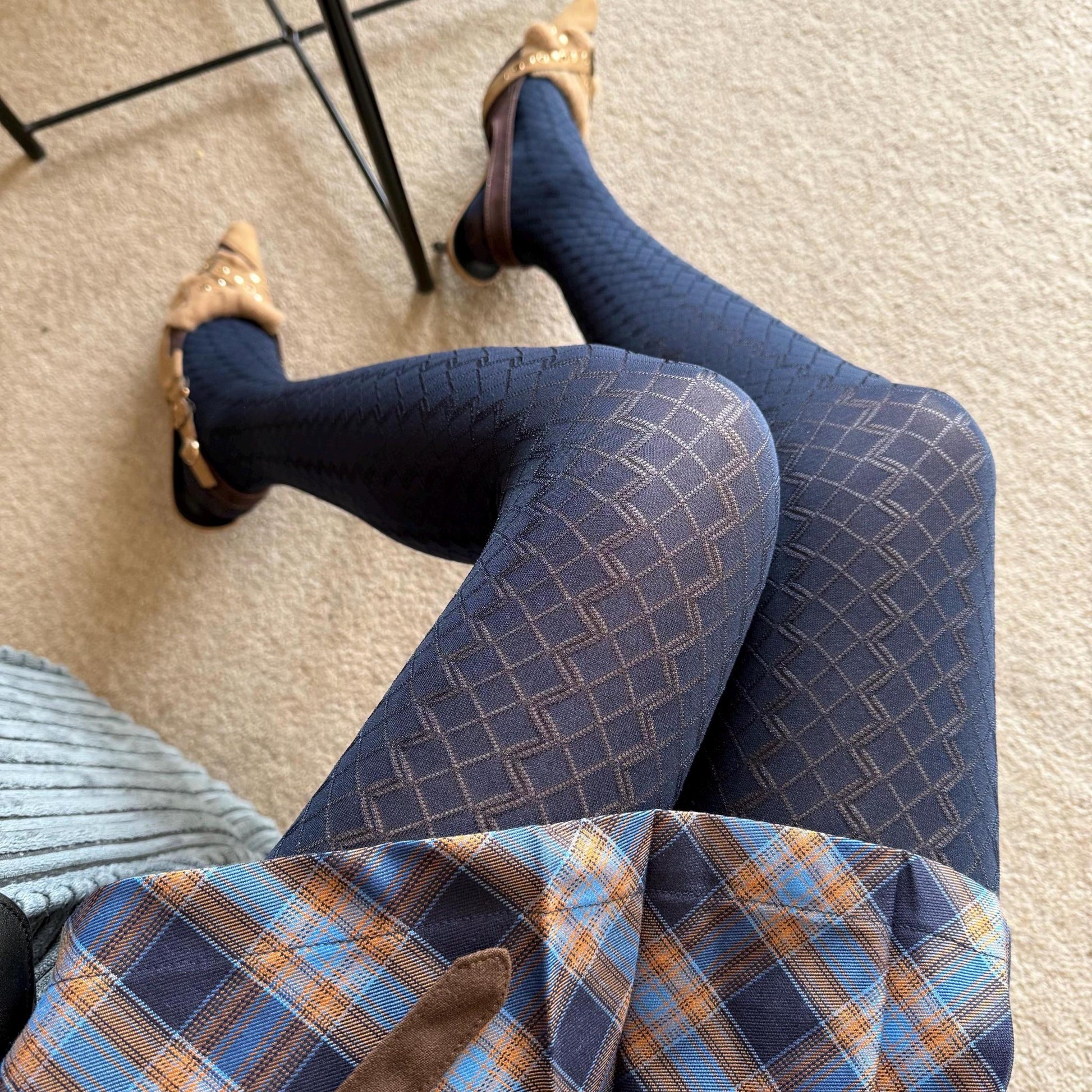 Dark Navy Blue Velvet 3D Crisscross Tights 110D - tights