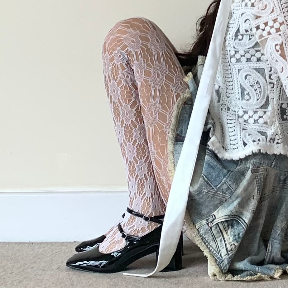 White Sakura Floral Hollow Fishnet Tights
