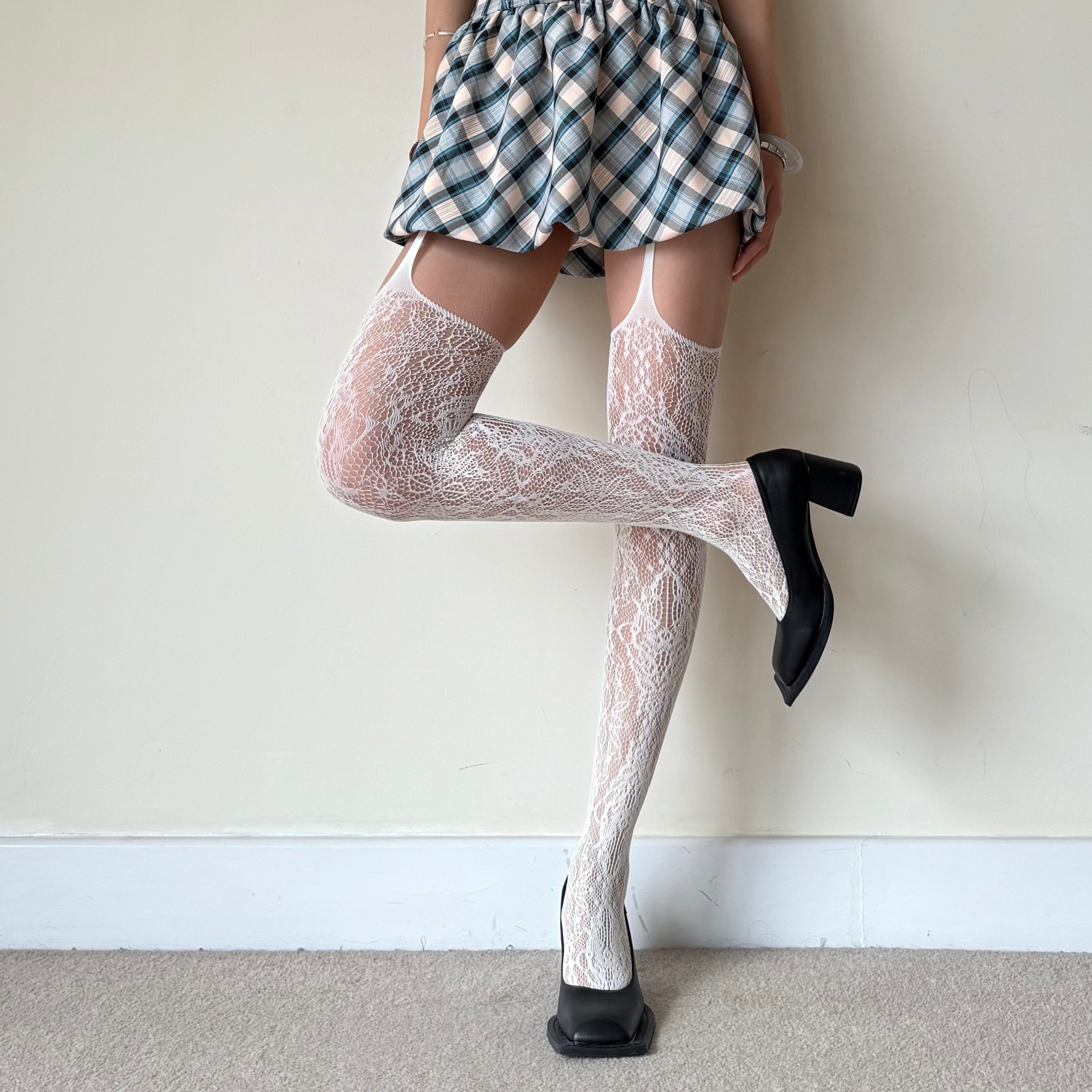 White Floral Fishnet Suspender Tights