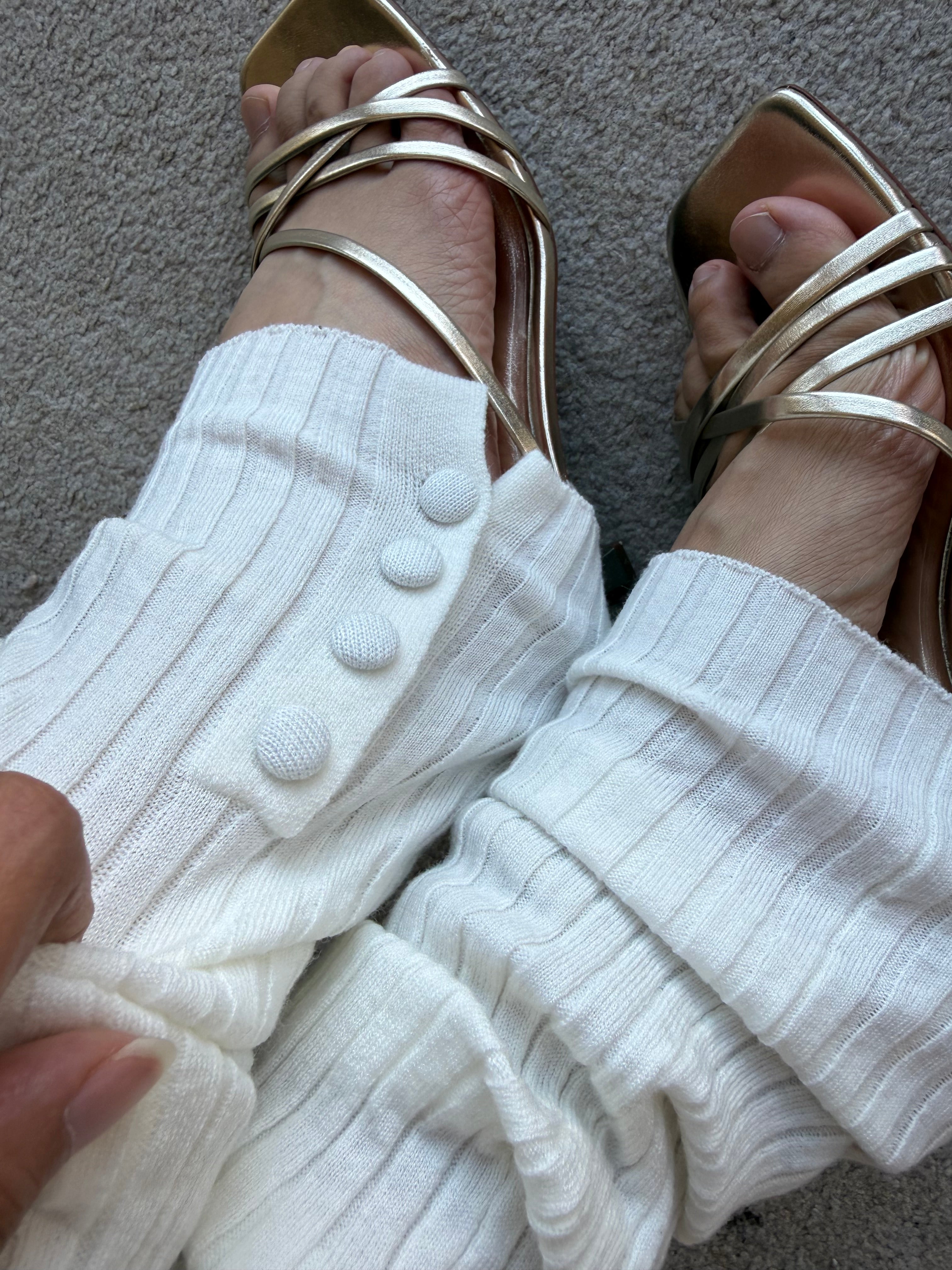 White Balletcore Ribbed Wool Blend Leg Warmers with Side Tie & Button Detail