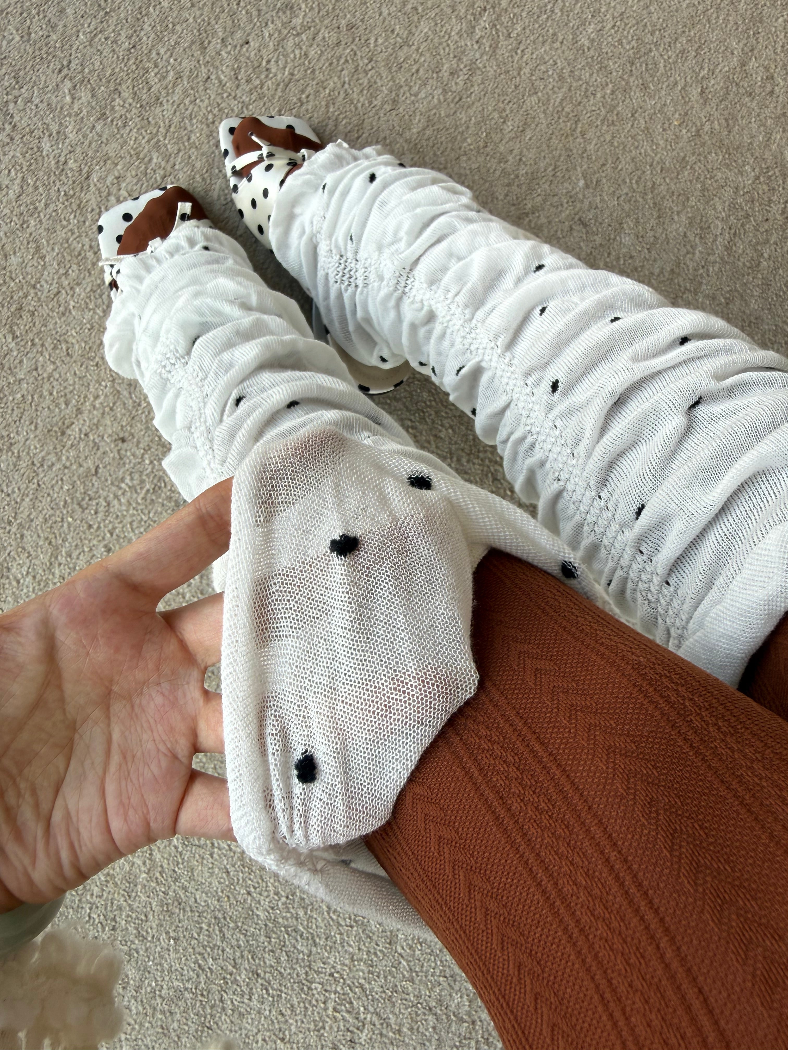 White Sheer Polka Dot Ruched Leg Warmers (approx. 62 cm)