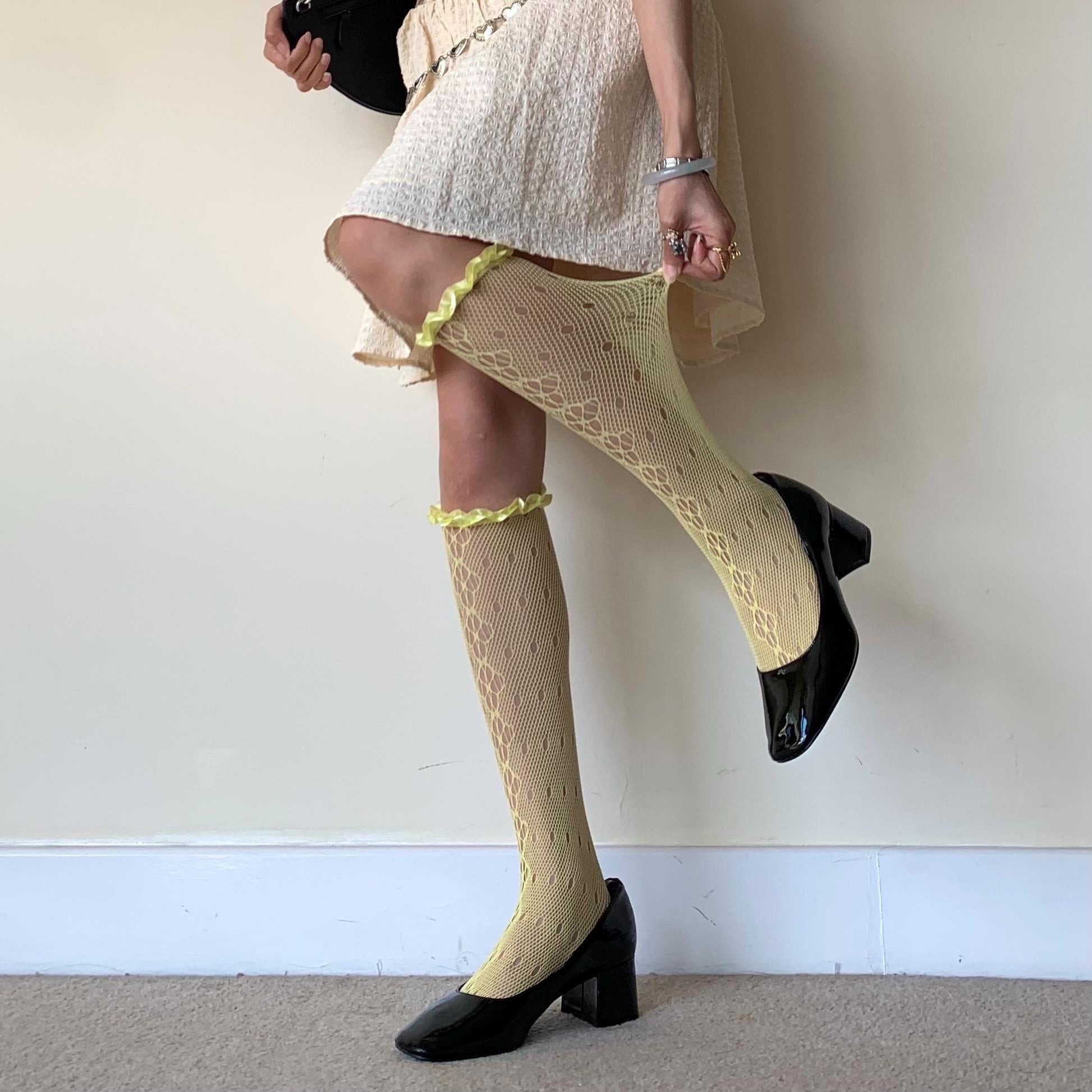 Yellow Floral Knee High Fishnet Socks with Satin Frilled Trim - socks