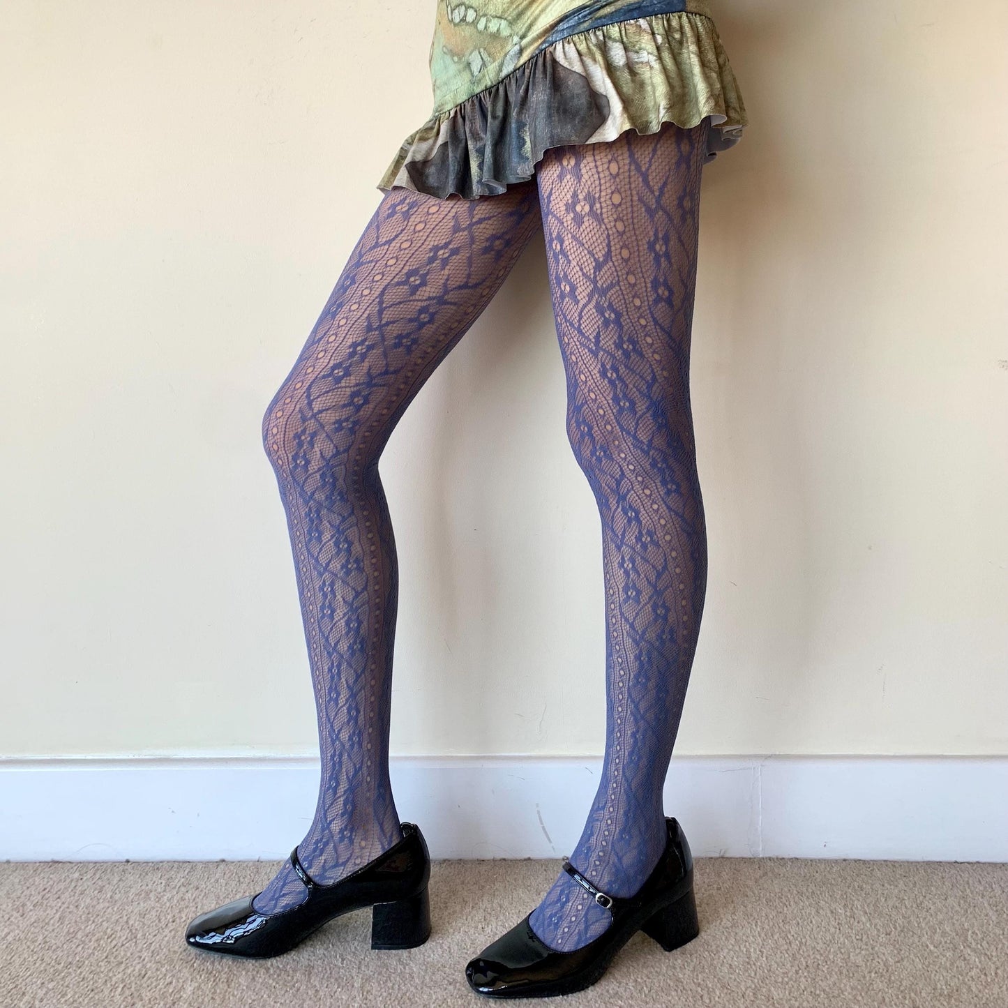 Blue Floral Vine Patterned Fishnet Tights