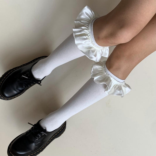 White Cotton Knee High Socks with Satin Ruffle - socks