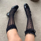 Black Heart Striped Fishnet Knee-High Socks with Frilled Trim - socks