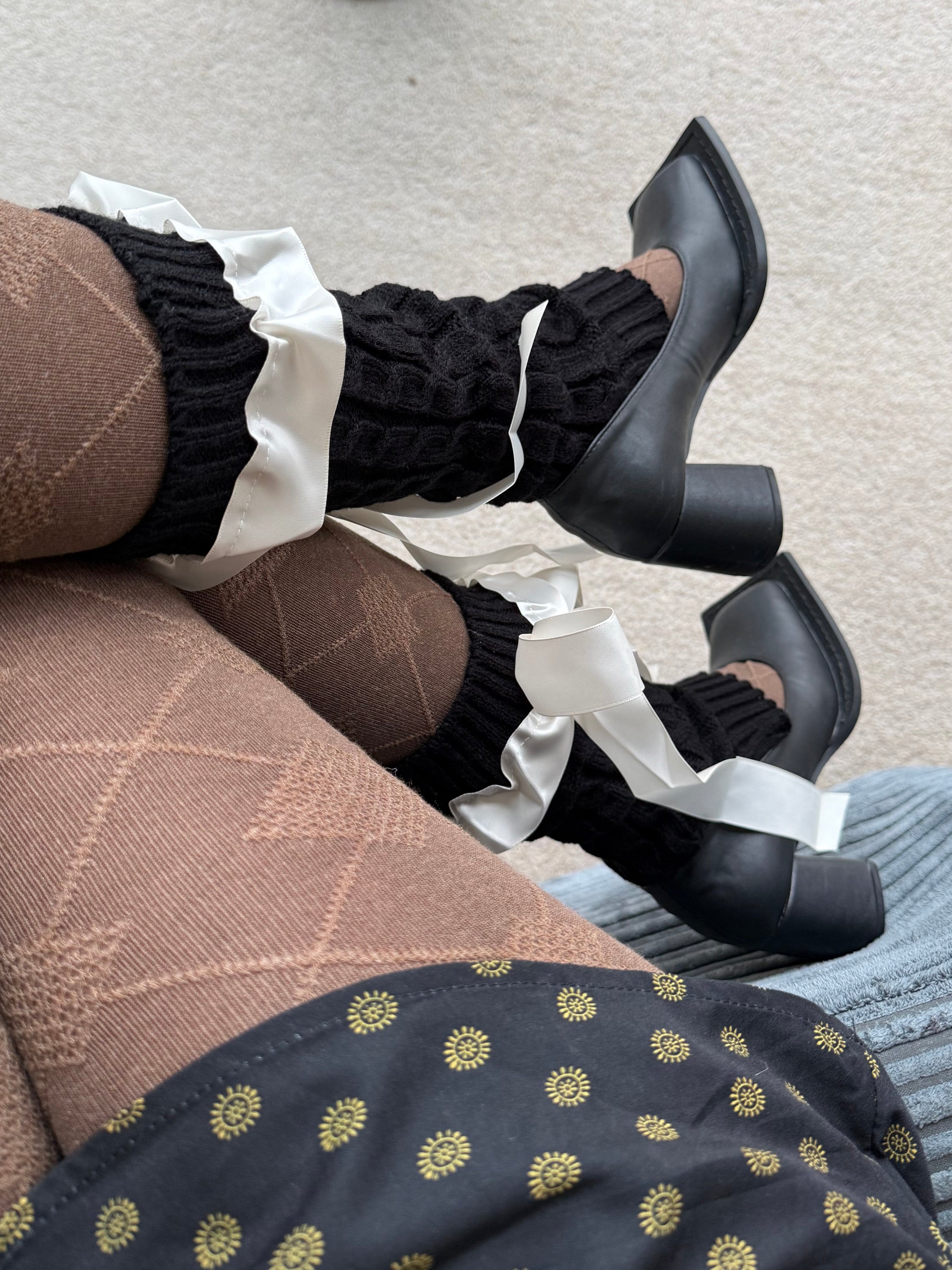 Black Knit-Style Leg Warmers with White Lace Frill & Bow Ribbon