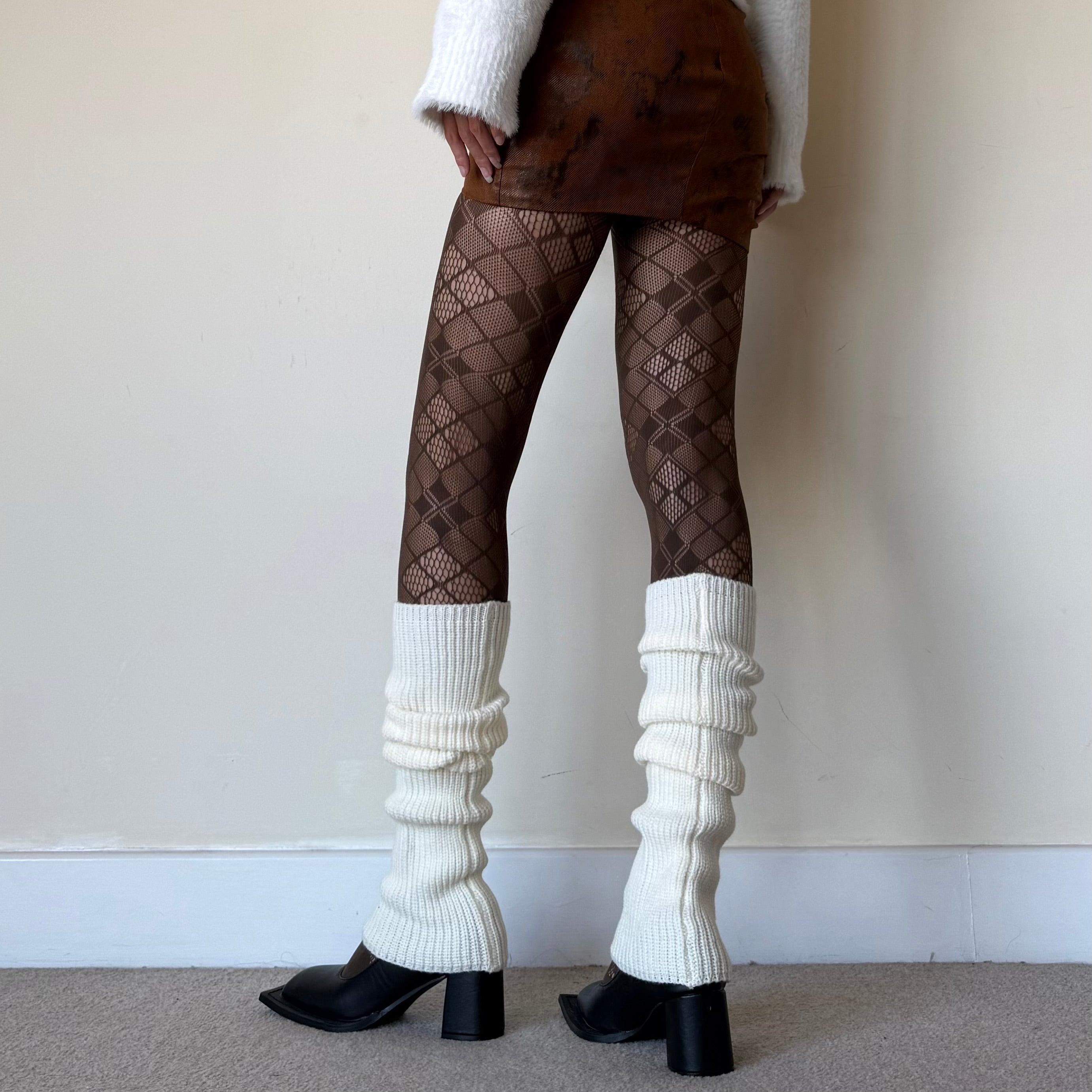 Cream White Wool Blend Striped Slouchy Leg Warmers (approx. 42 cm)