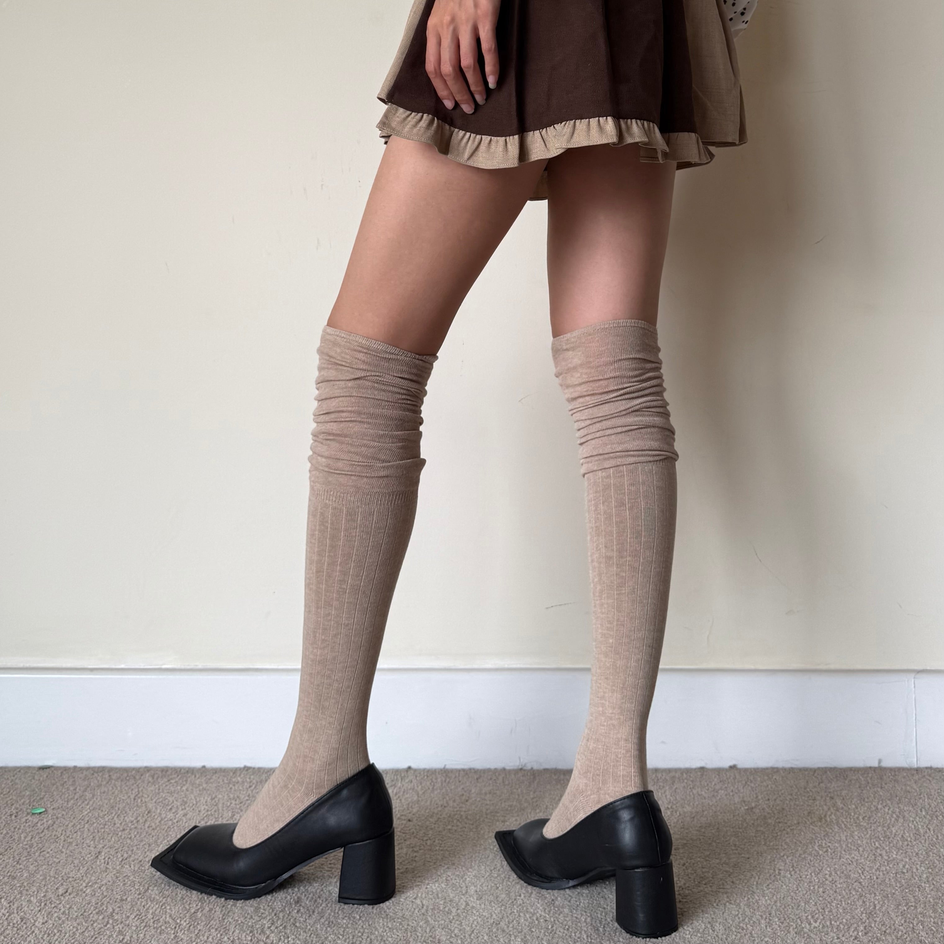 Oatmeal Brown Striped Knee High Socks with Slouchy Trim (64cm)