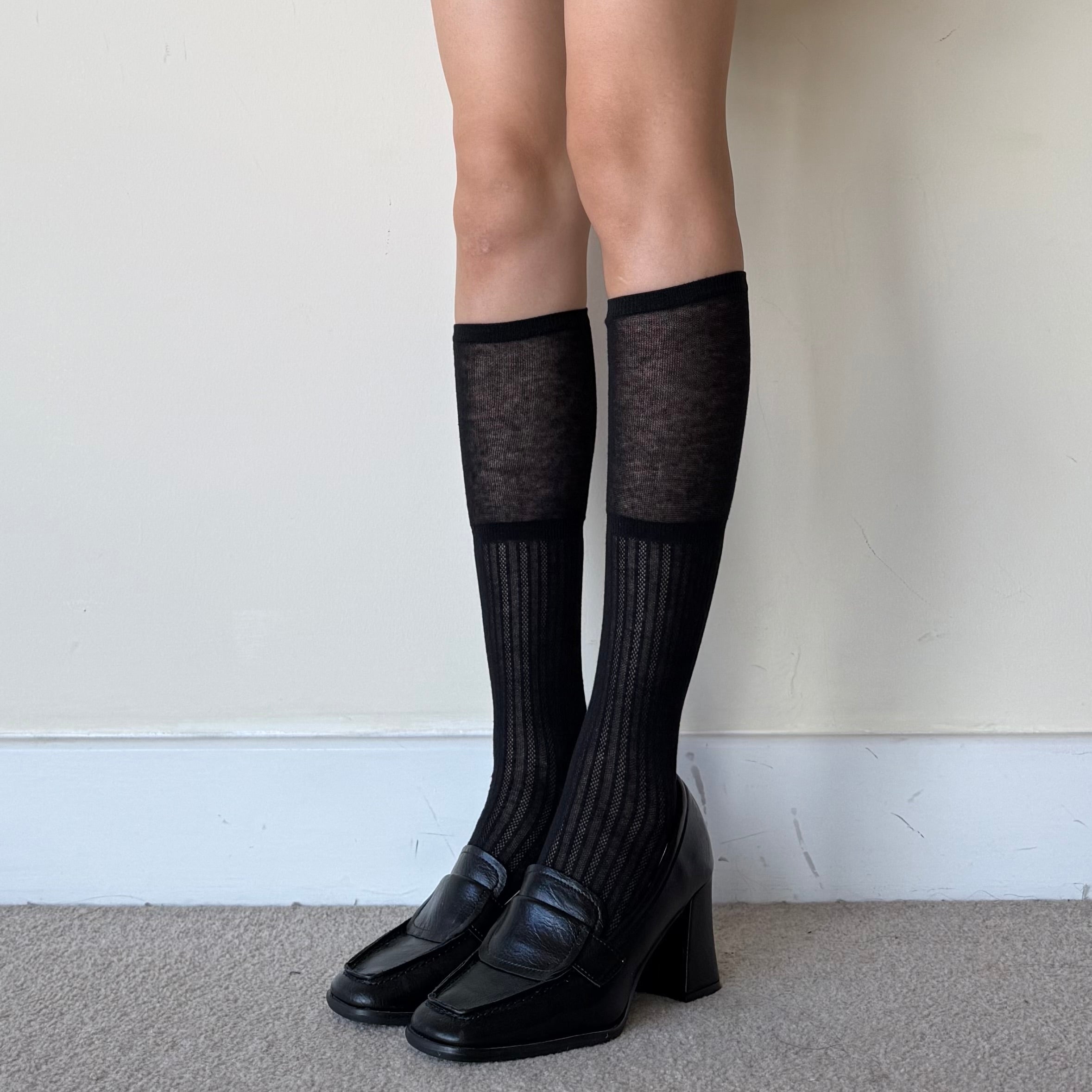 Black Ribbed Combed Cotton Knee-High Socks