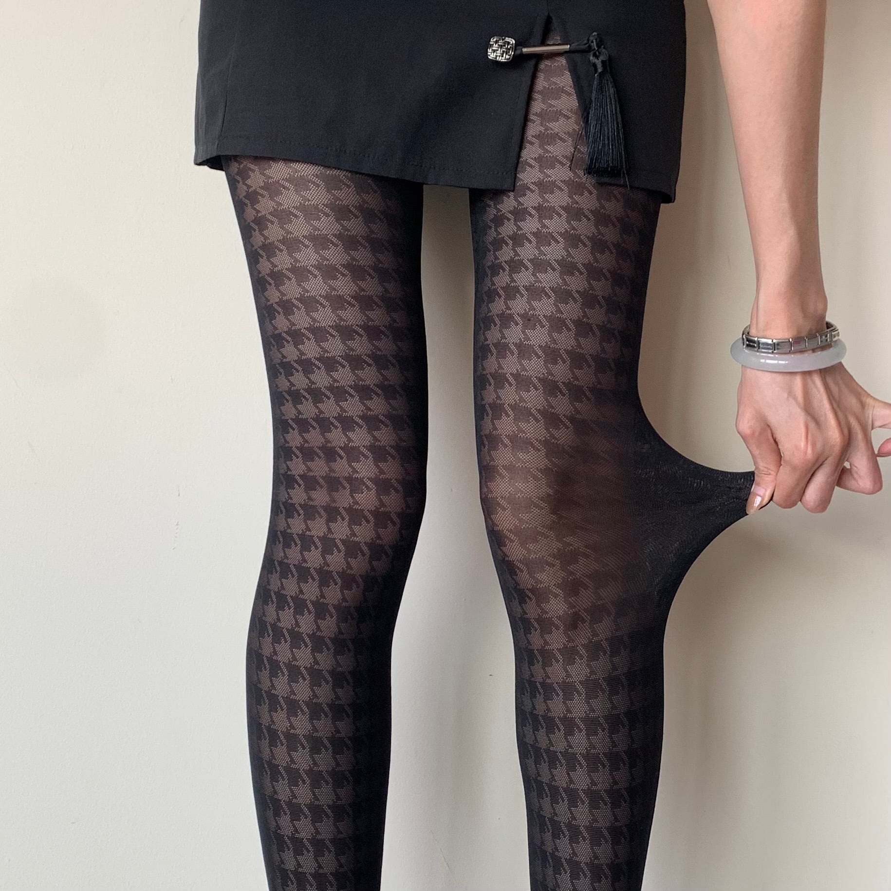 Black Houndstooth Sheer Lace Tights 30D