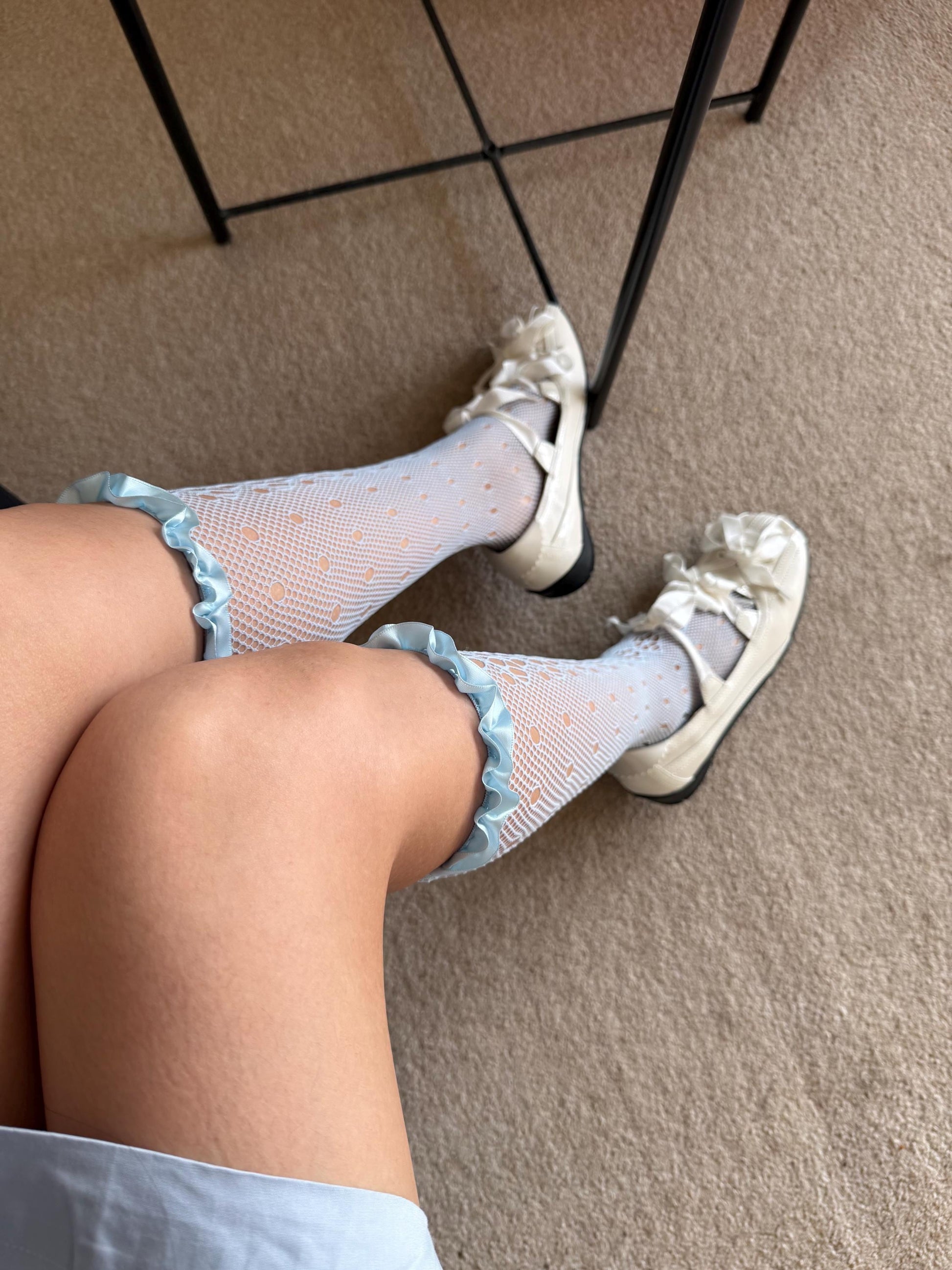 Blue Floral Knee High Frilled Socks with Satin Frill - socks