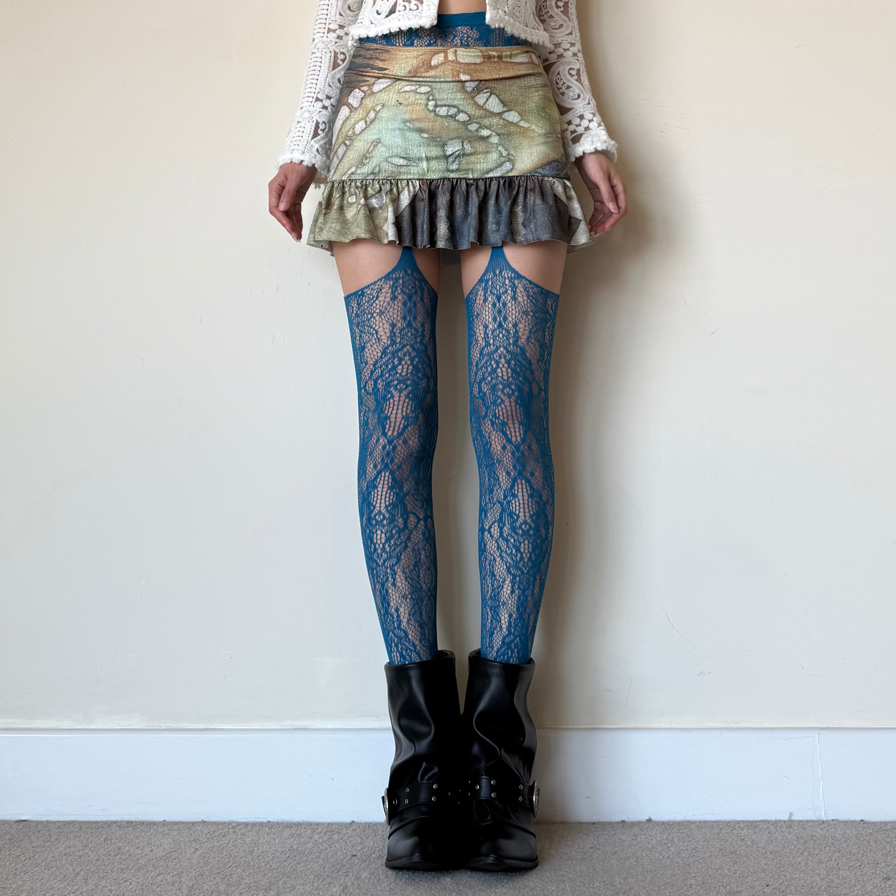 Blue Floral Fishnet Suspender Tights
