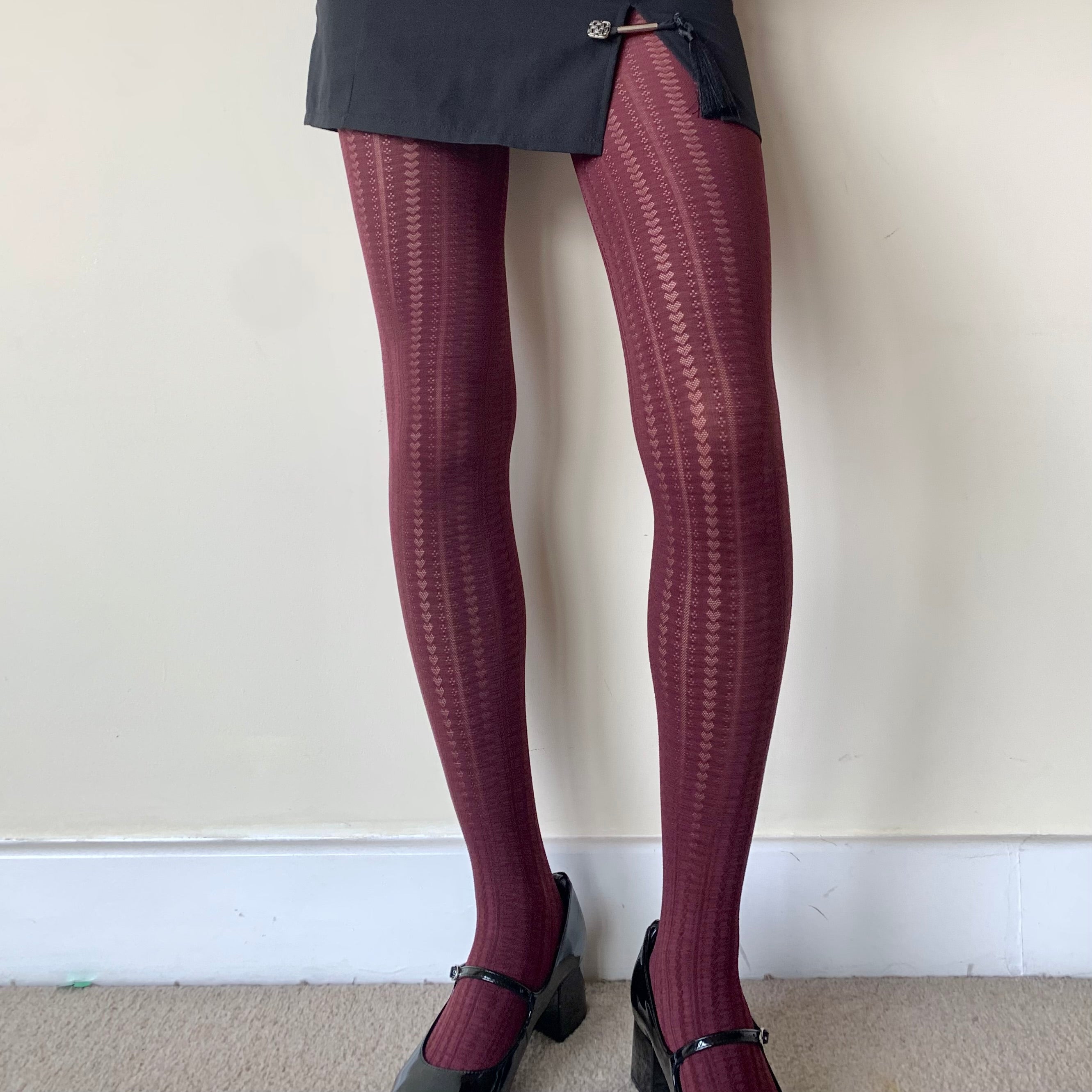 Burgundy Red Heart Striped Velvet Tights 70D