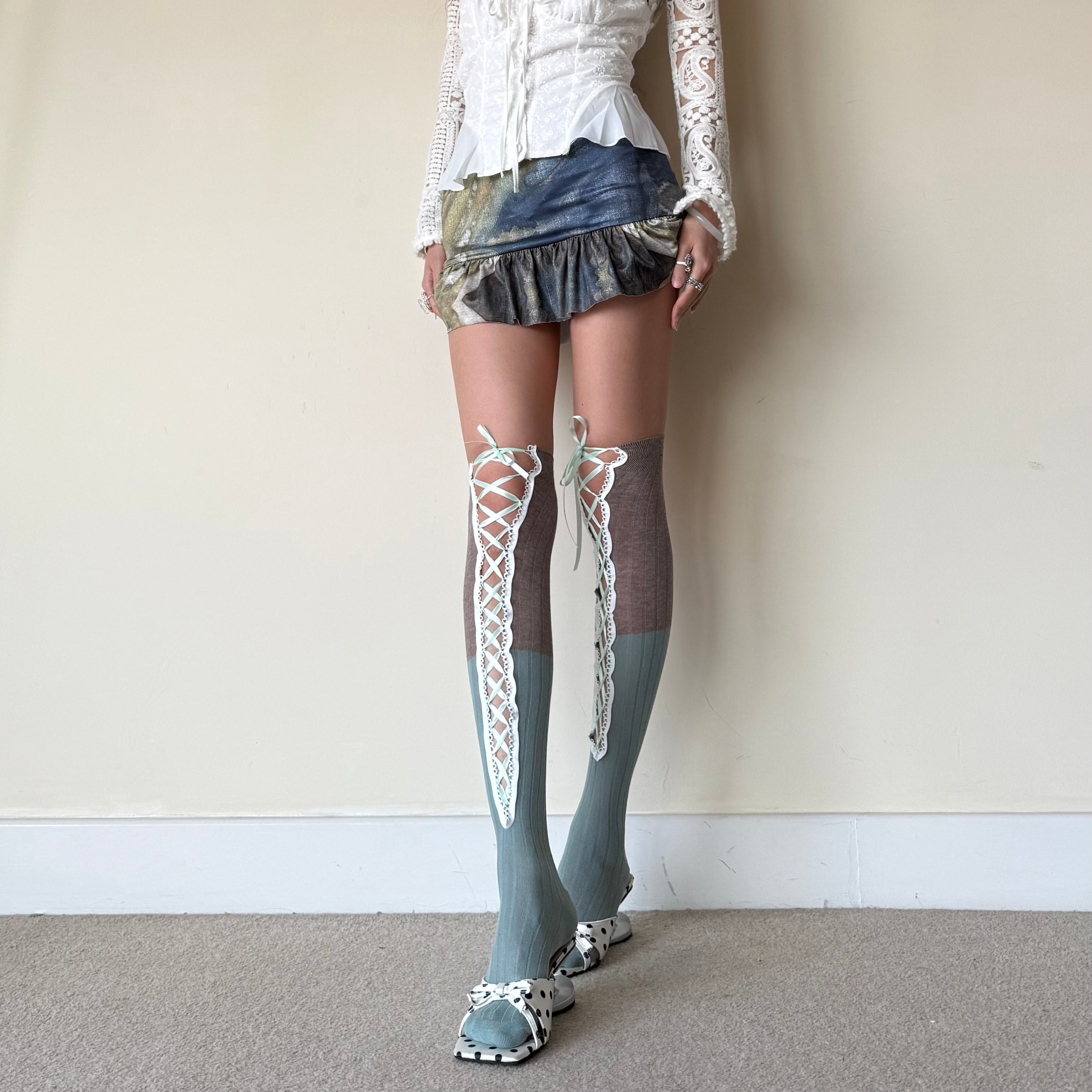 Two-Tone Light Brown & Dusty Teal Corset Lace-Up Thigh High Cotton Socks
