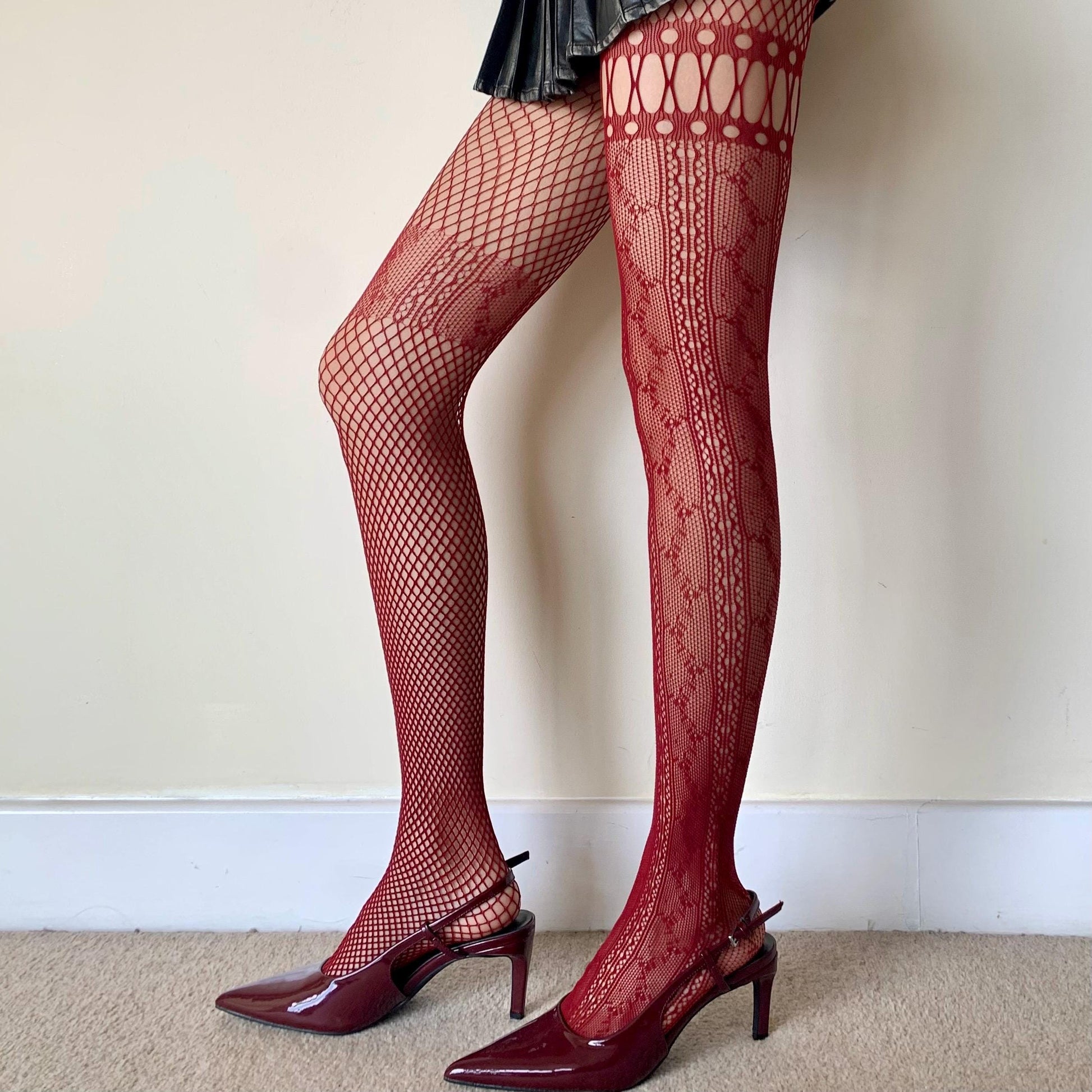 Burgundy Red Asymmetrical Mismatched Floral Fishnet Tights