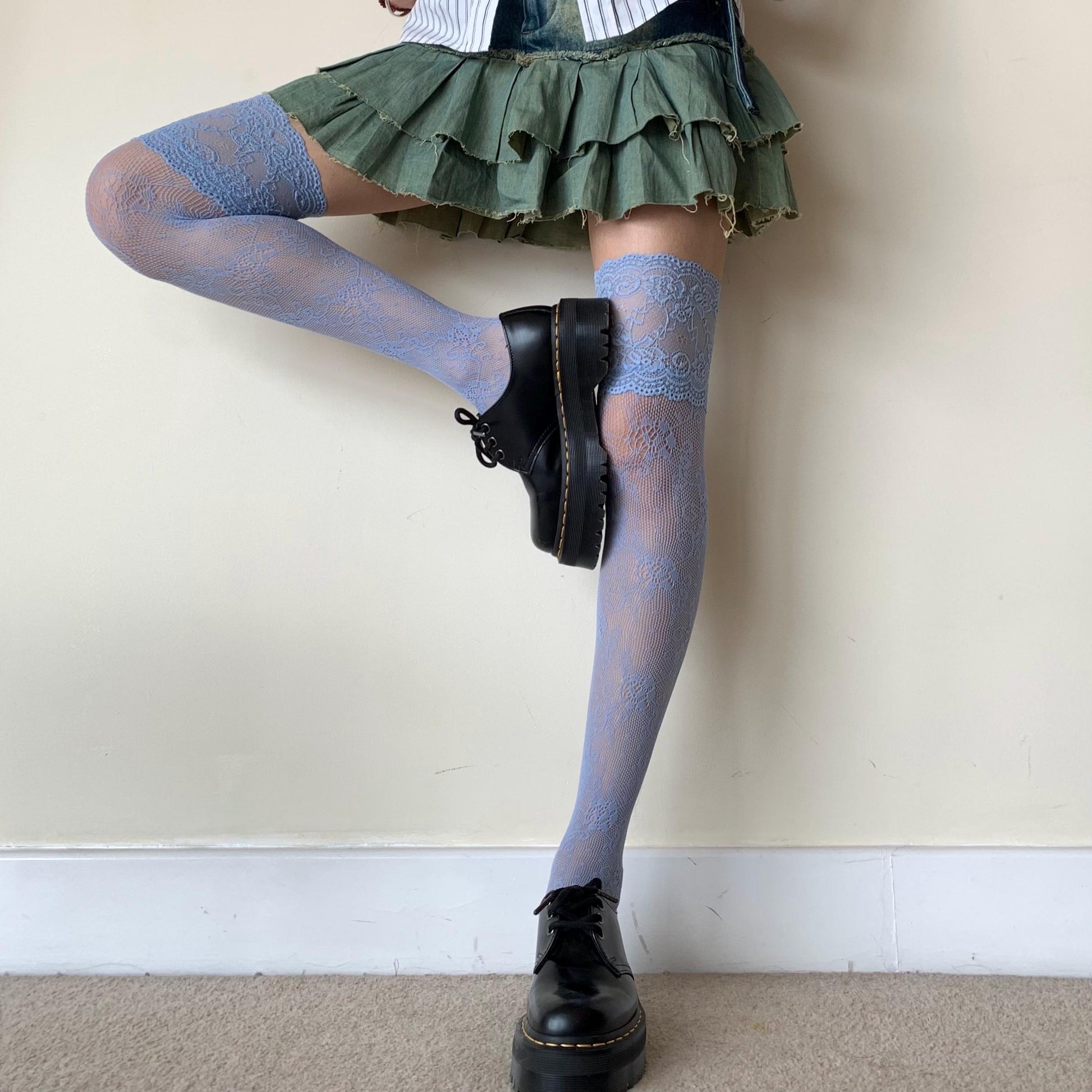 Blue Thigh High Hold-up Rose Pattern Fishnet Stockings with Lace Trim - stockings