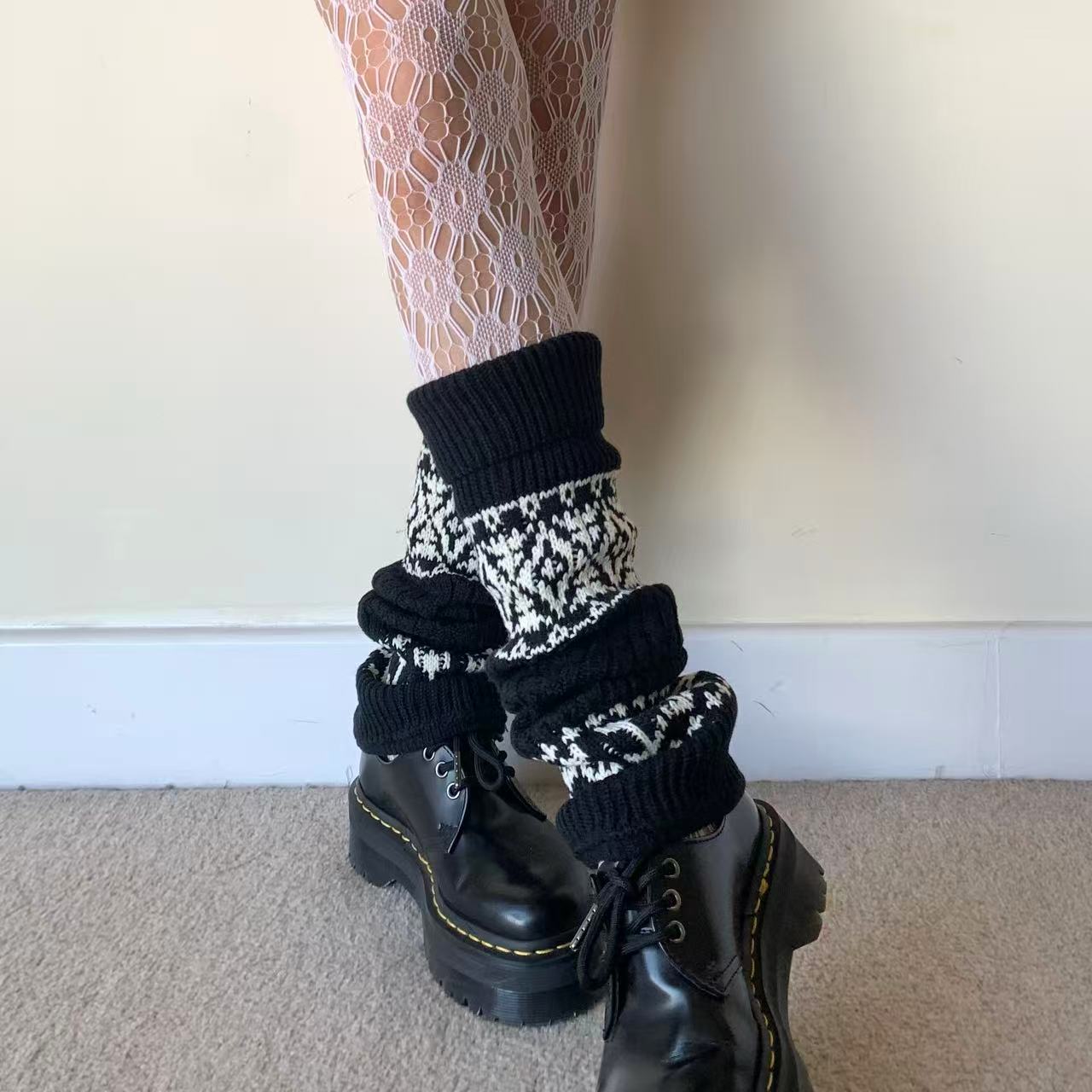 Black Nordic Knit Wool Leg Warmers