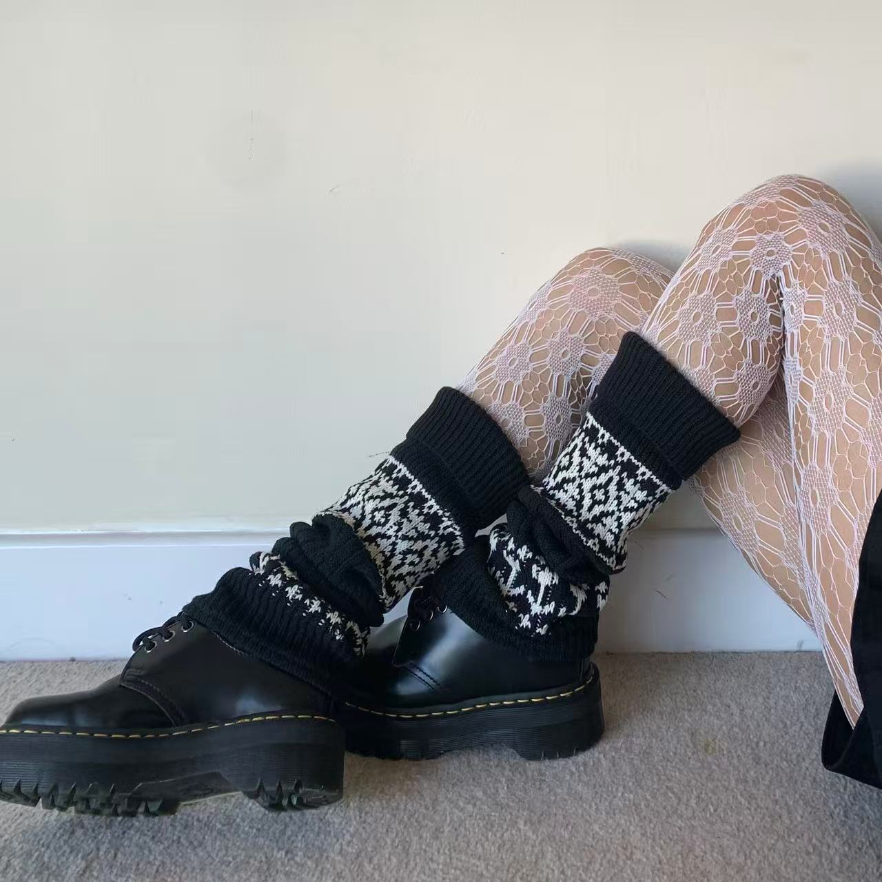 Black Nordic Knit Wool Leg Warmers