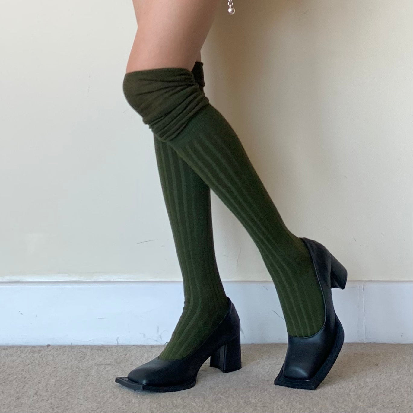 Green Striped Knee High Socks with Slouchy Trim