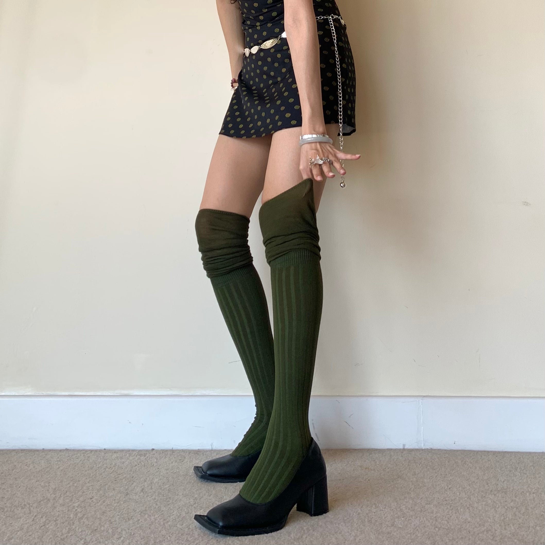 Green Striped Knee High Socks with Slouchy Trim