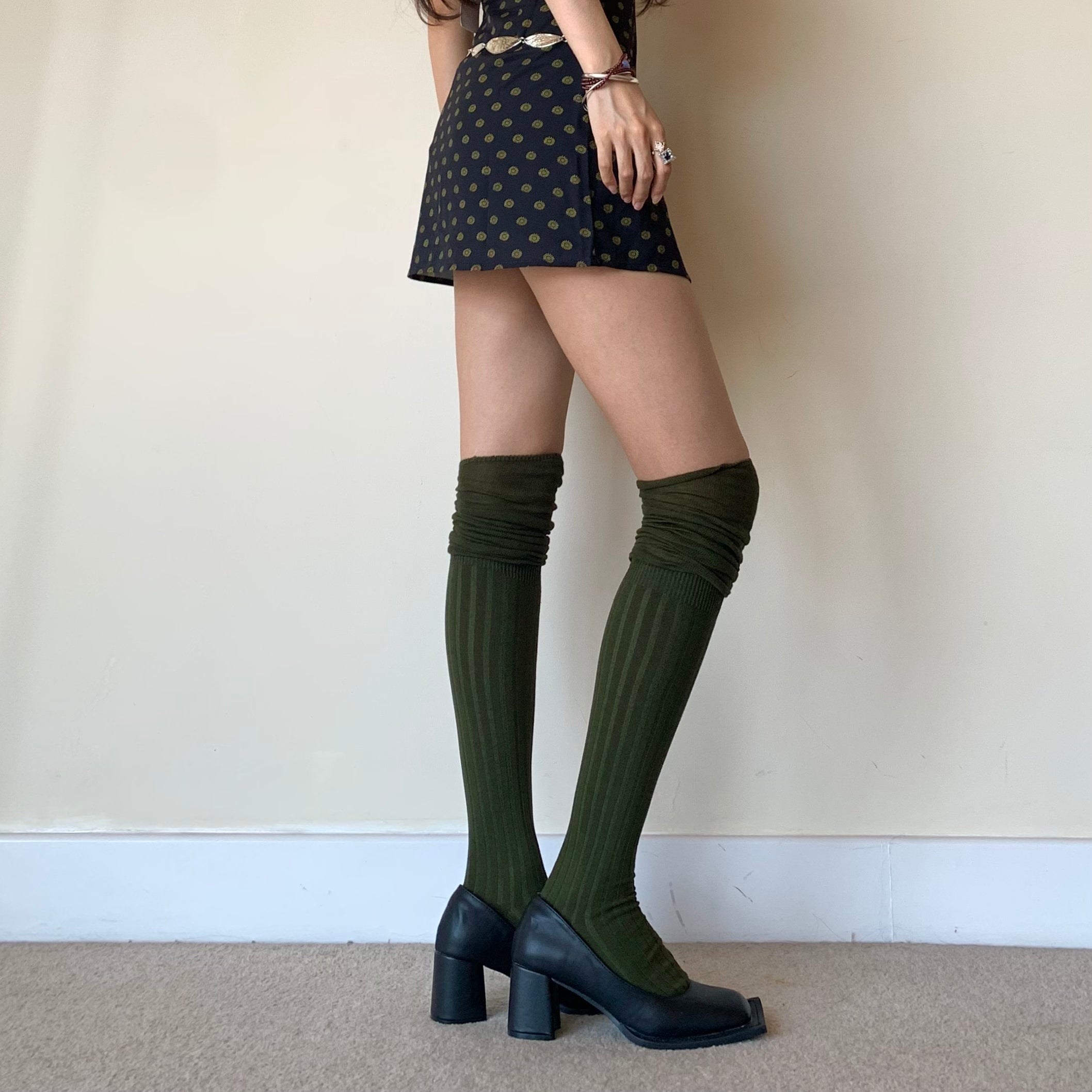 Green Striped Knee High Socks with Slouchy Trim