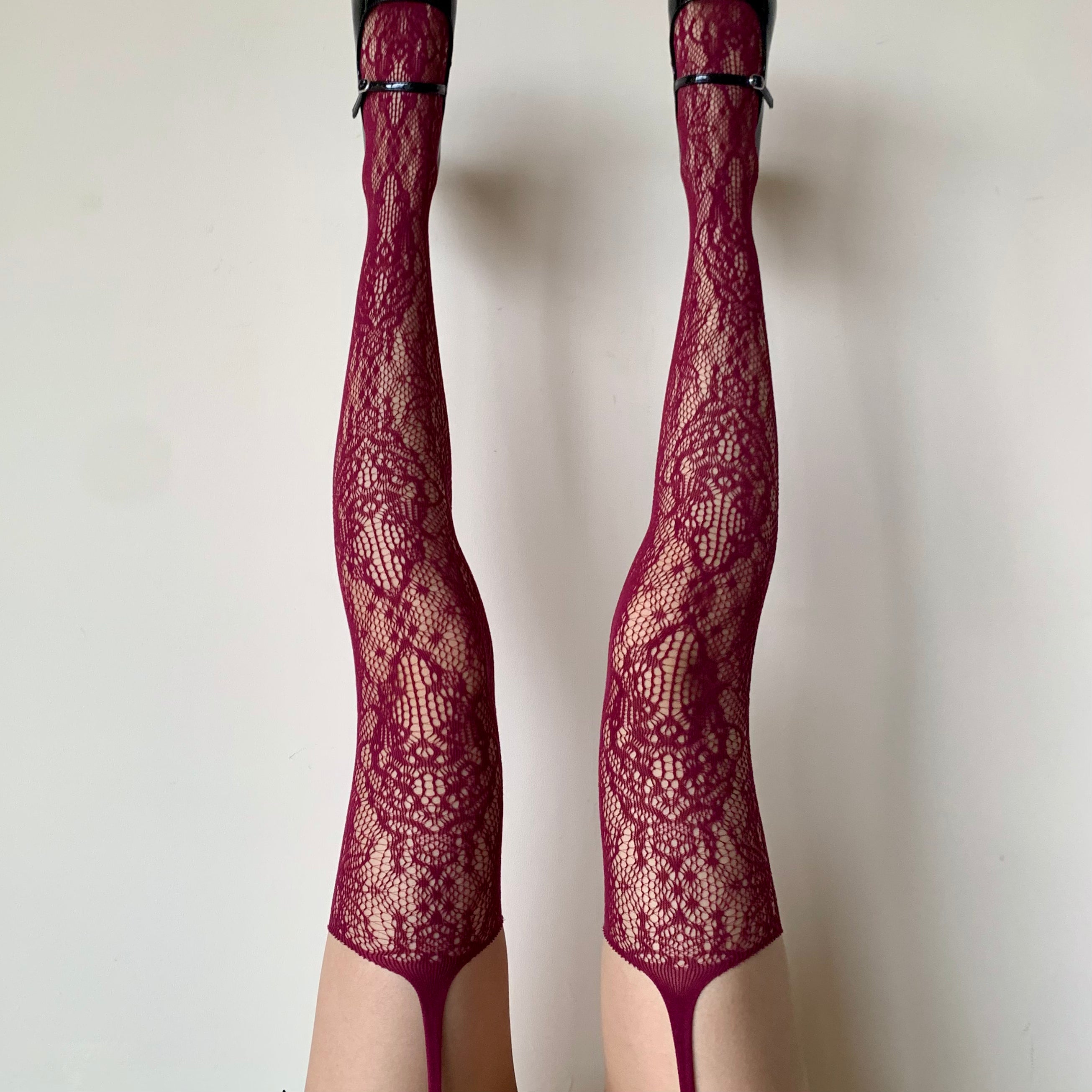 Burgundy Red Floral Suspender Fishnet Tights