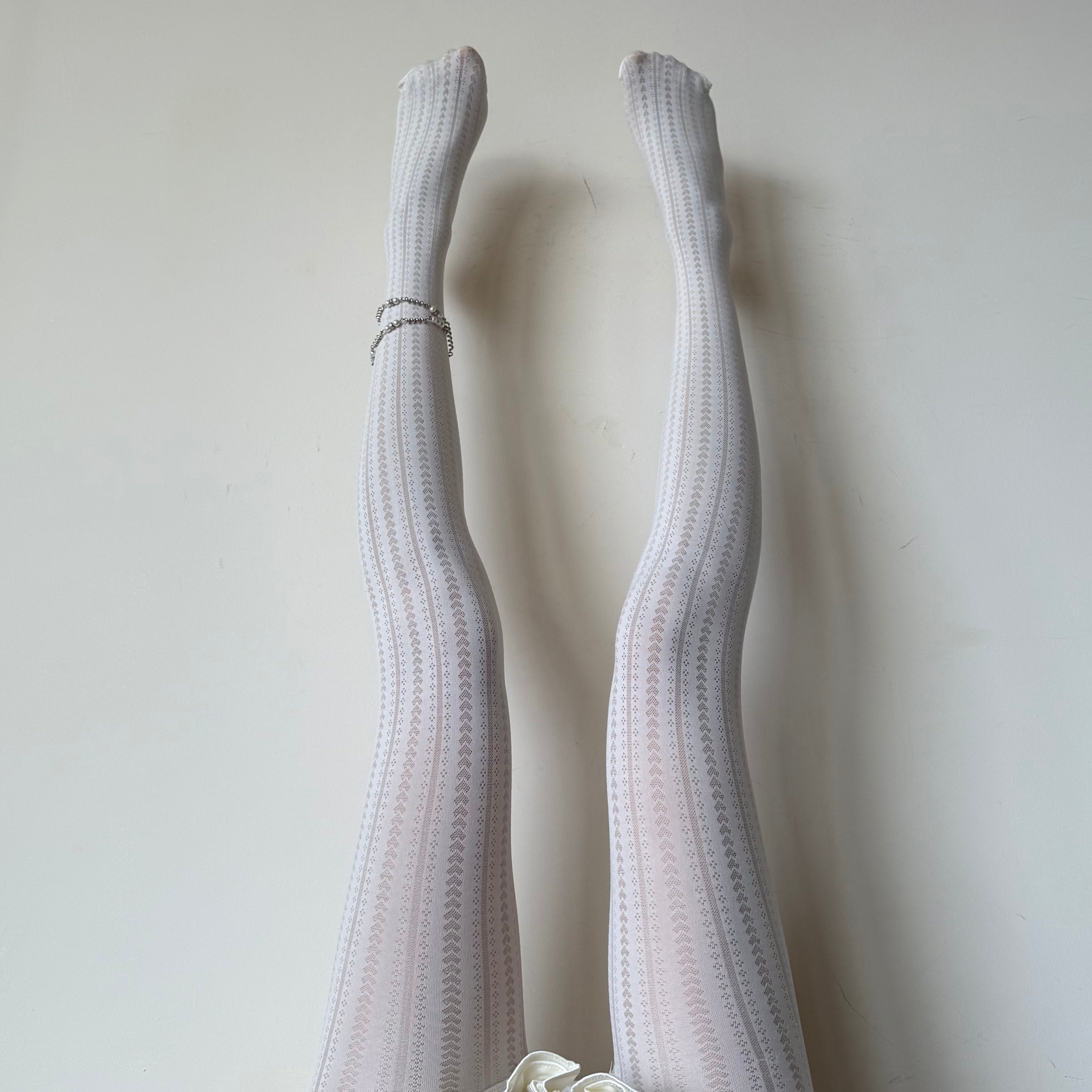 Cream White Heart Striped Velvet Tights 70D