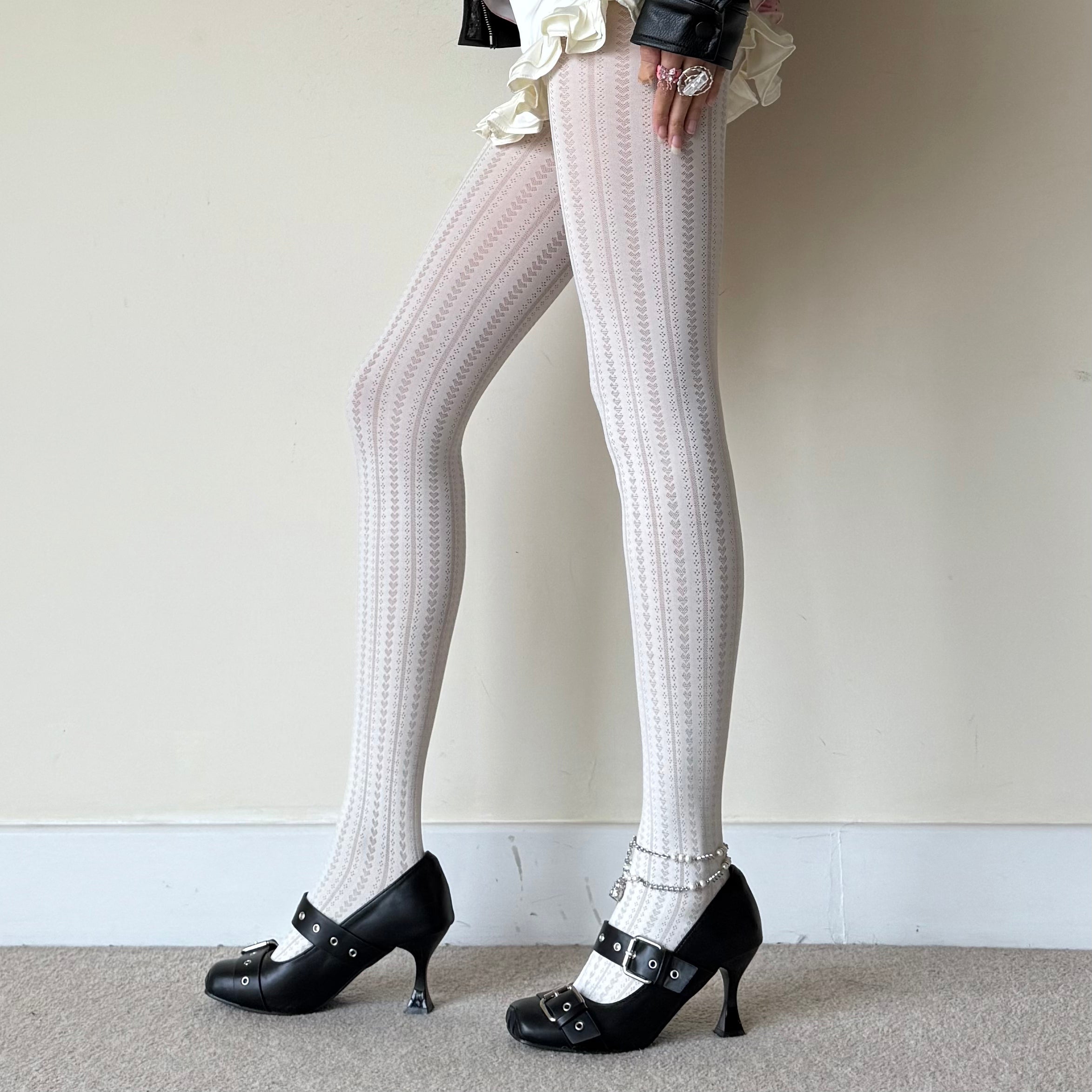 Cream White Heart Striped Velvet Tights 70D