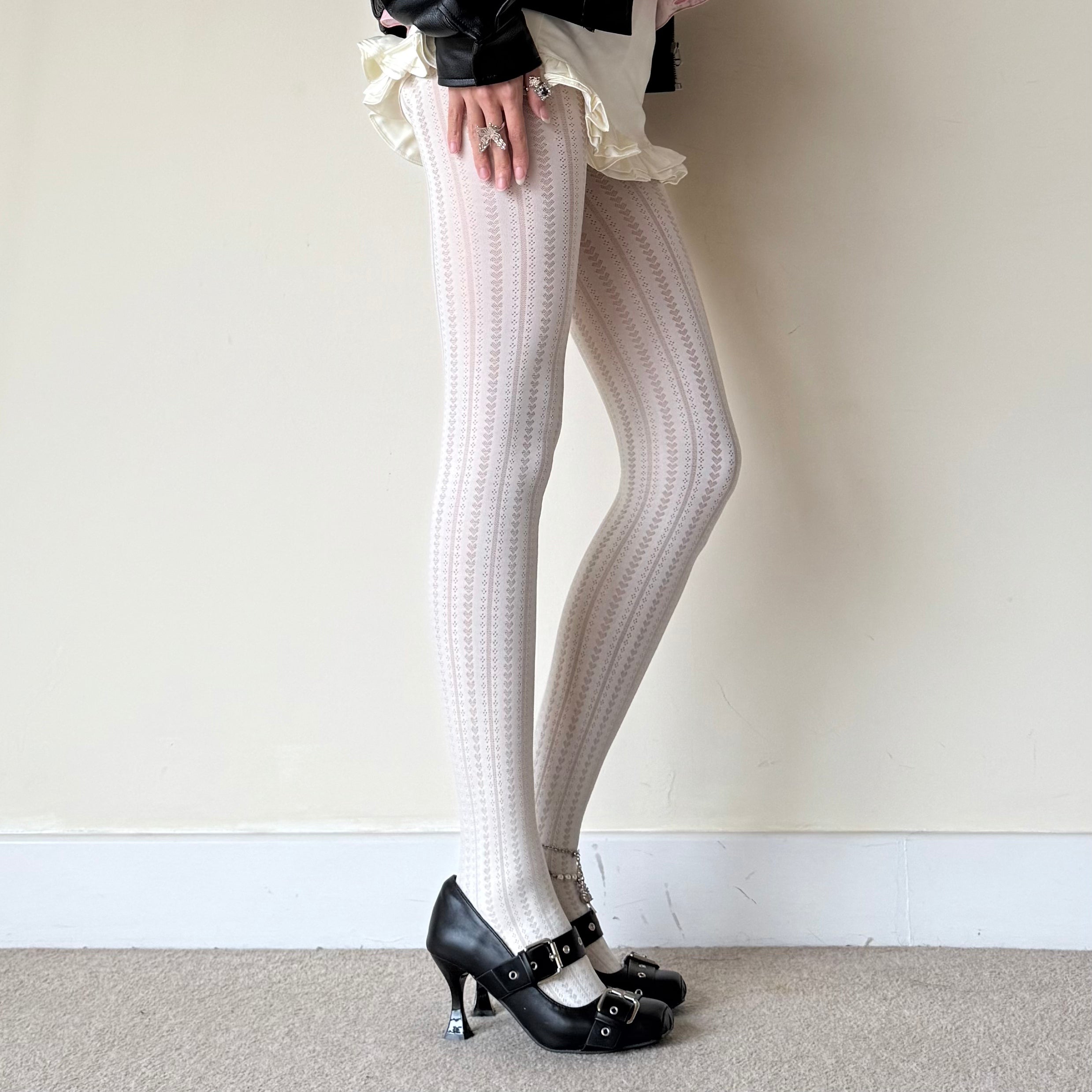 Cream White Heart Striped Velvet Tights 70D