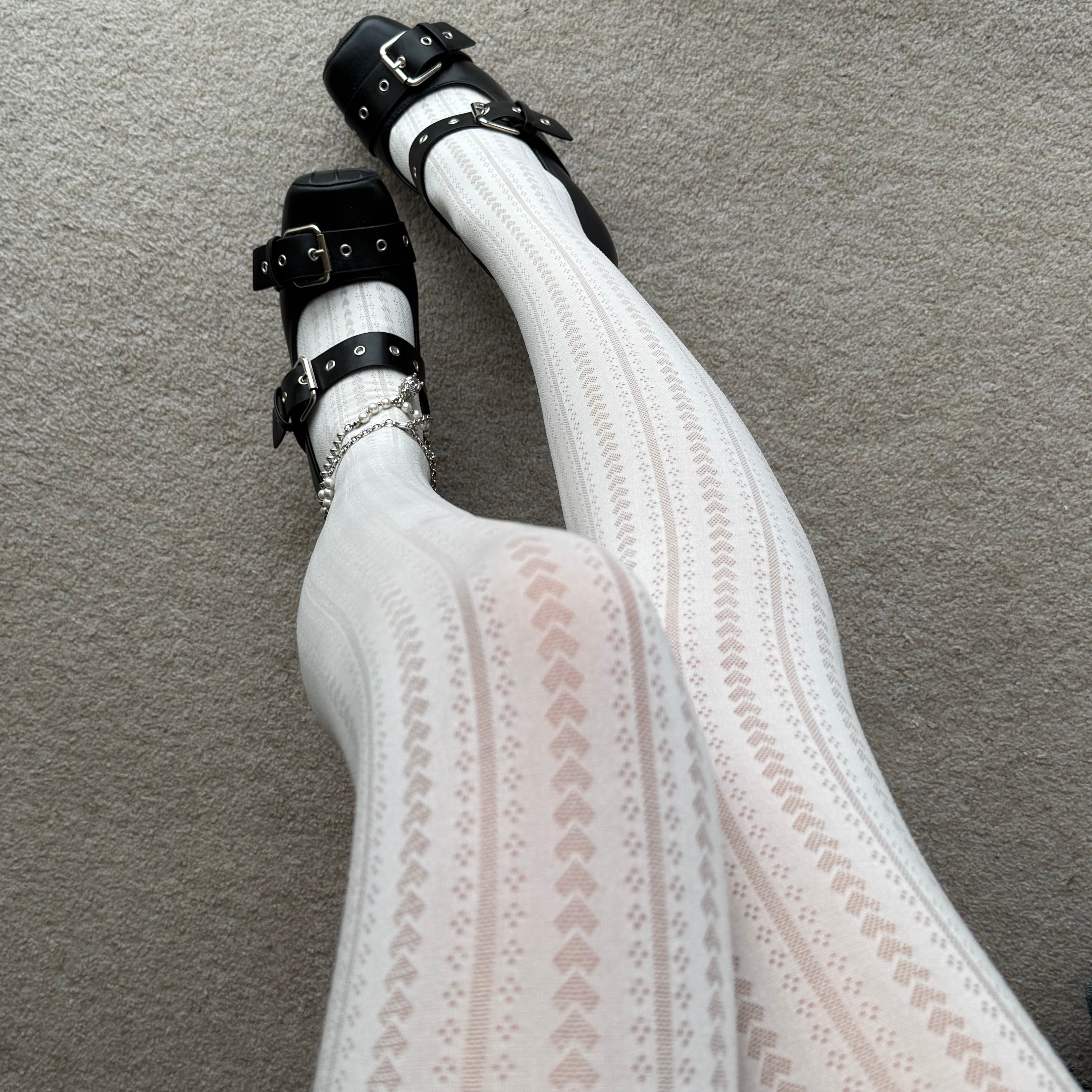 Cream White Heart Striped Velvet Tights 70D