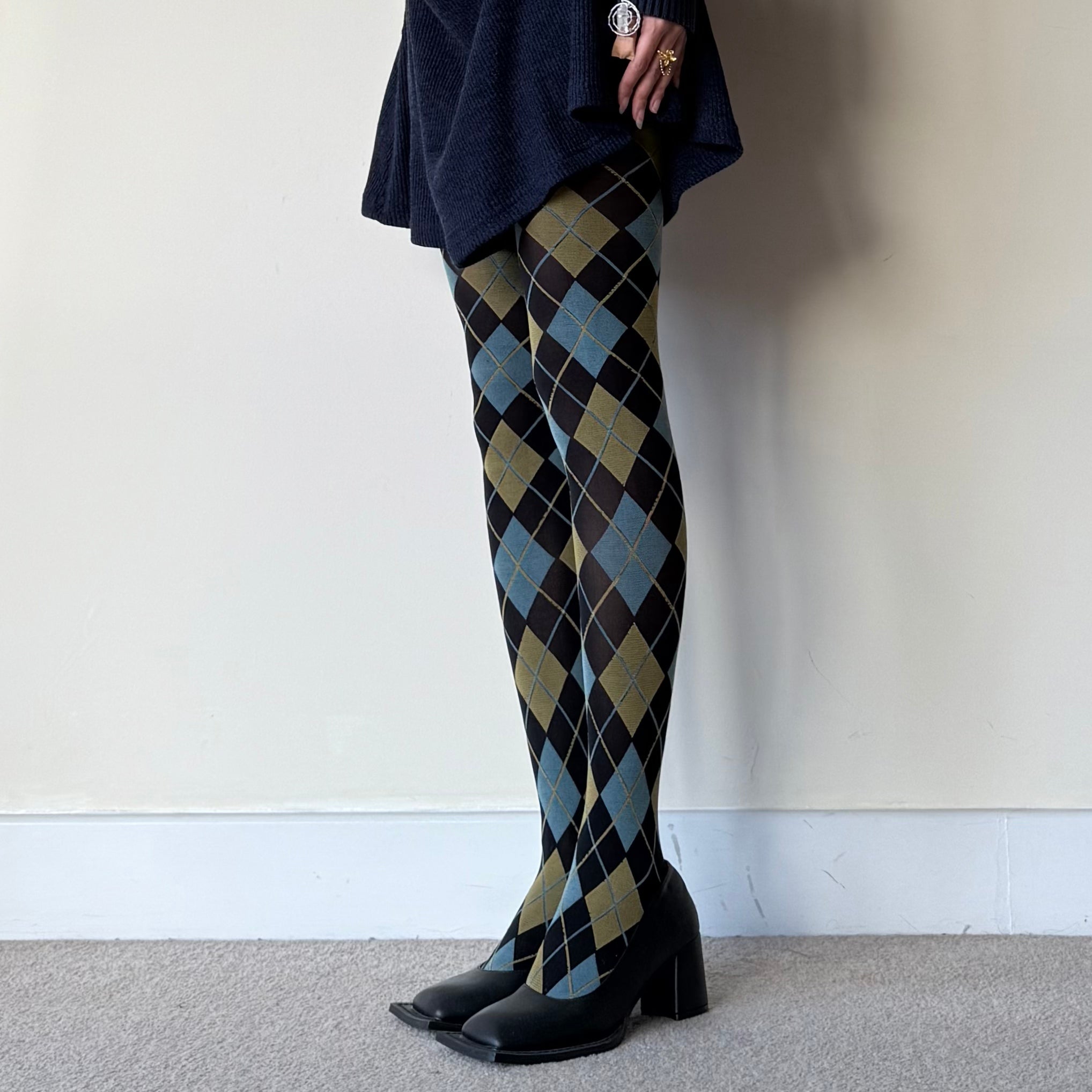 Yellow Blue & Black Argyle Diamond Velvet Tights 50D