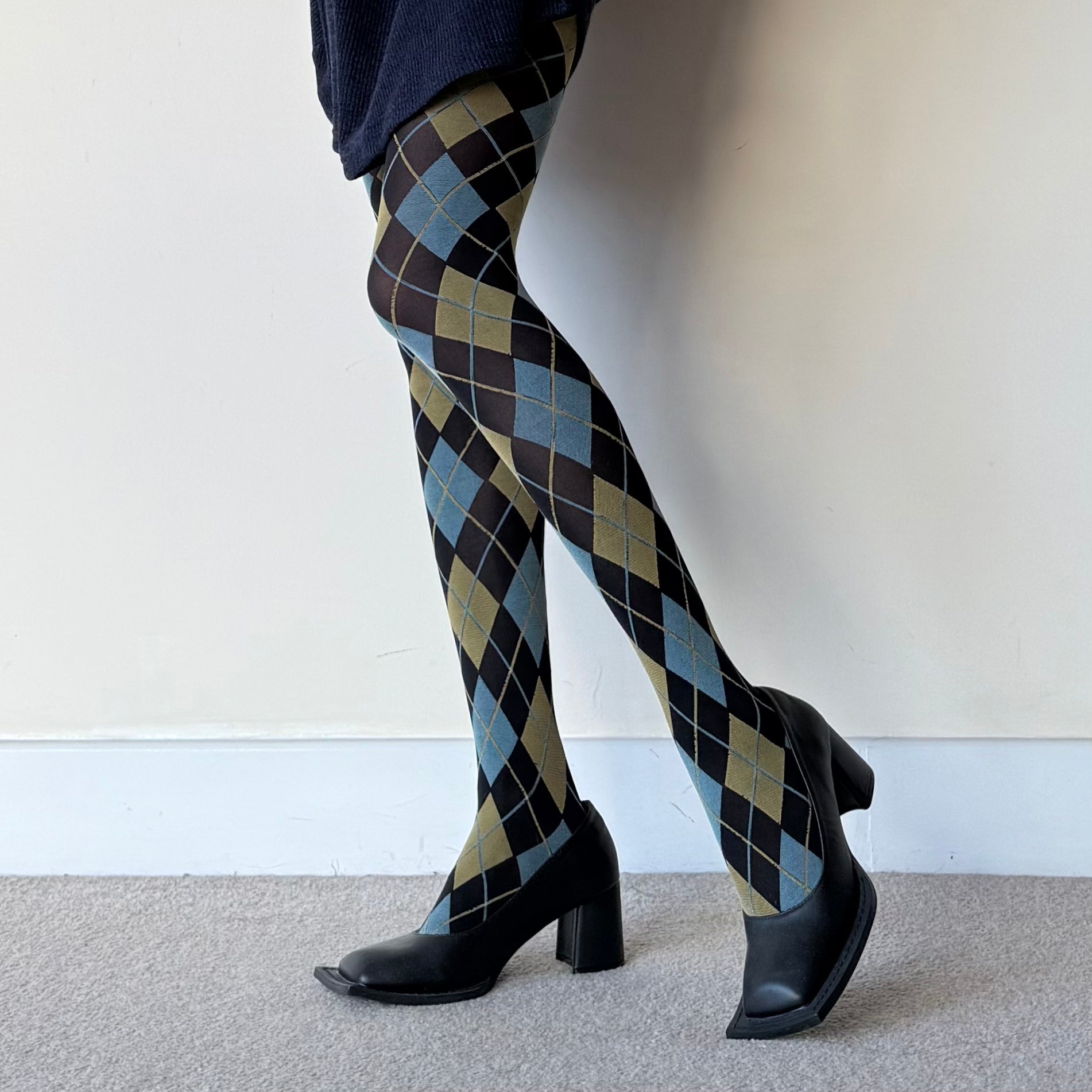 Yellow Blue & Black Argyle Diamond Velvet Tights 50D