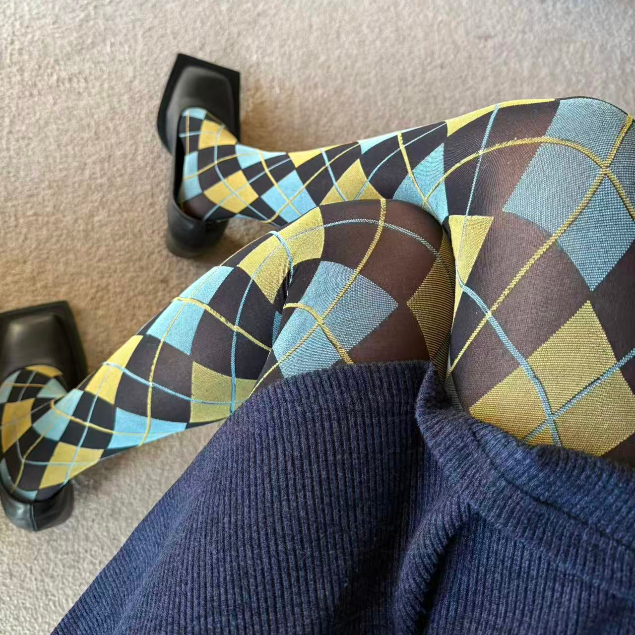 Yellow Blue & Black Argyle Diamond Velvet Tights 50D