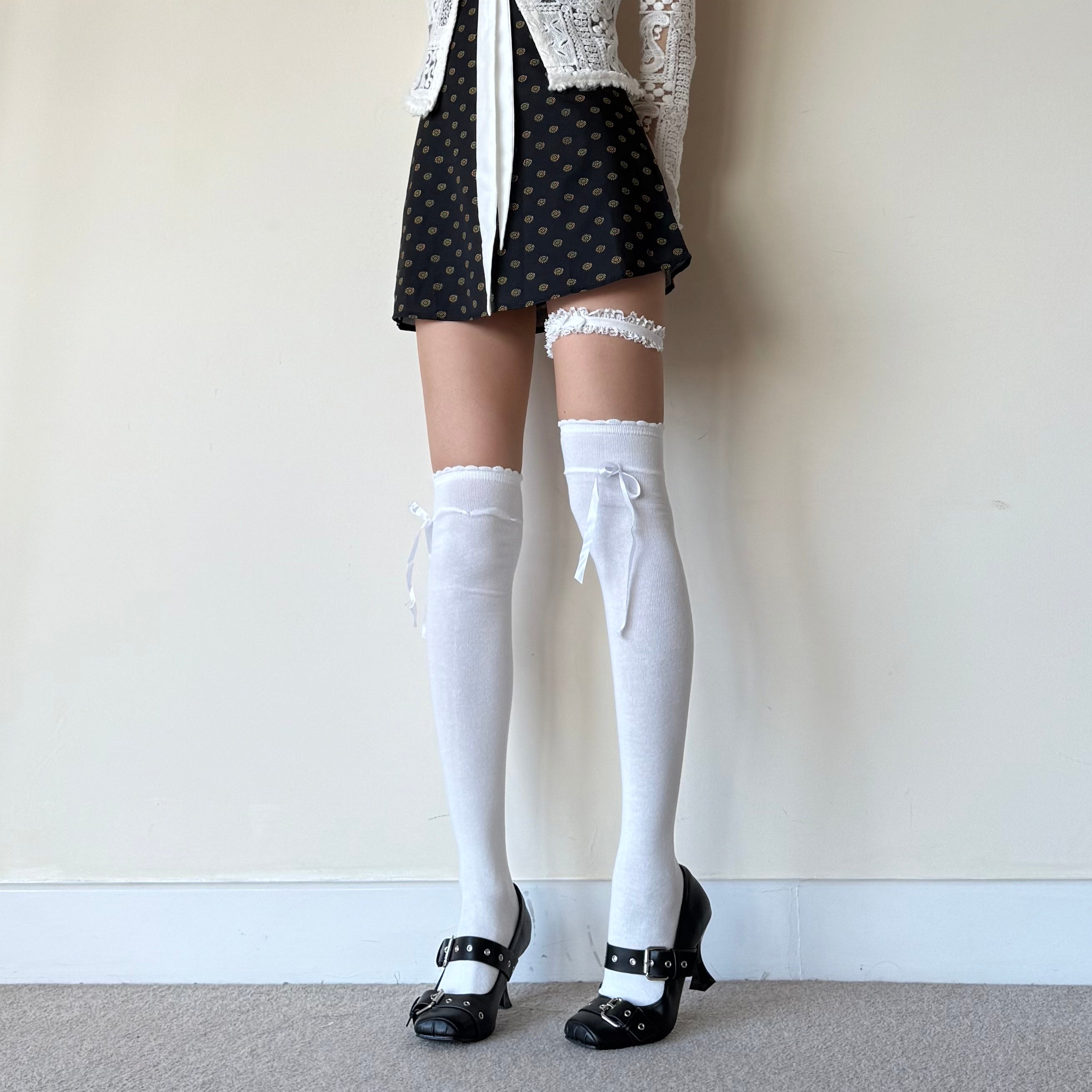 White Ruffle Over-Knee Socks with Side Ribbon Tie
